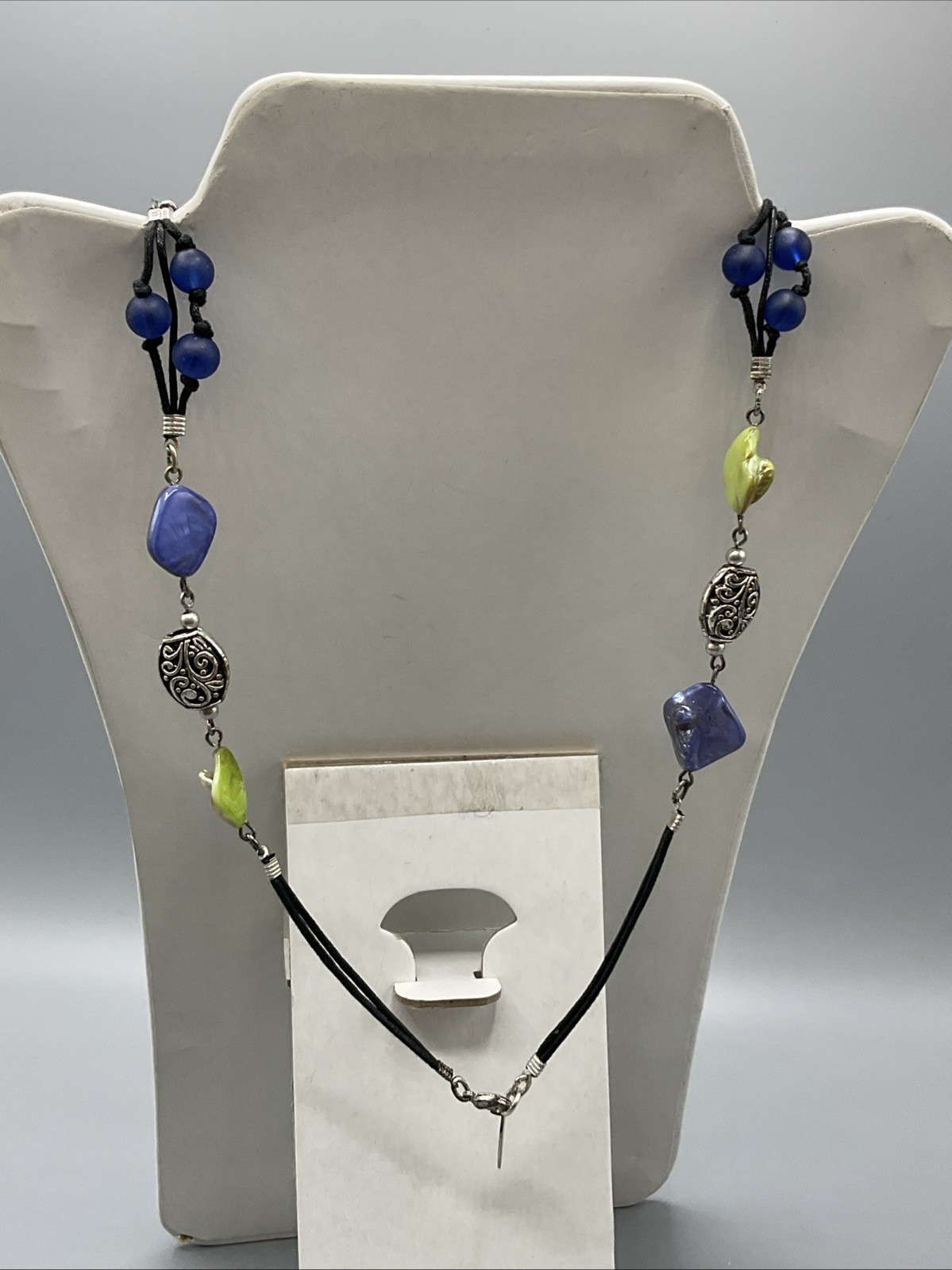 38” Designer Signed Coldwater Creek Silvertone Blue Green Shell Bead Necklace
