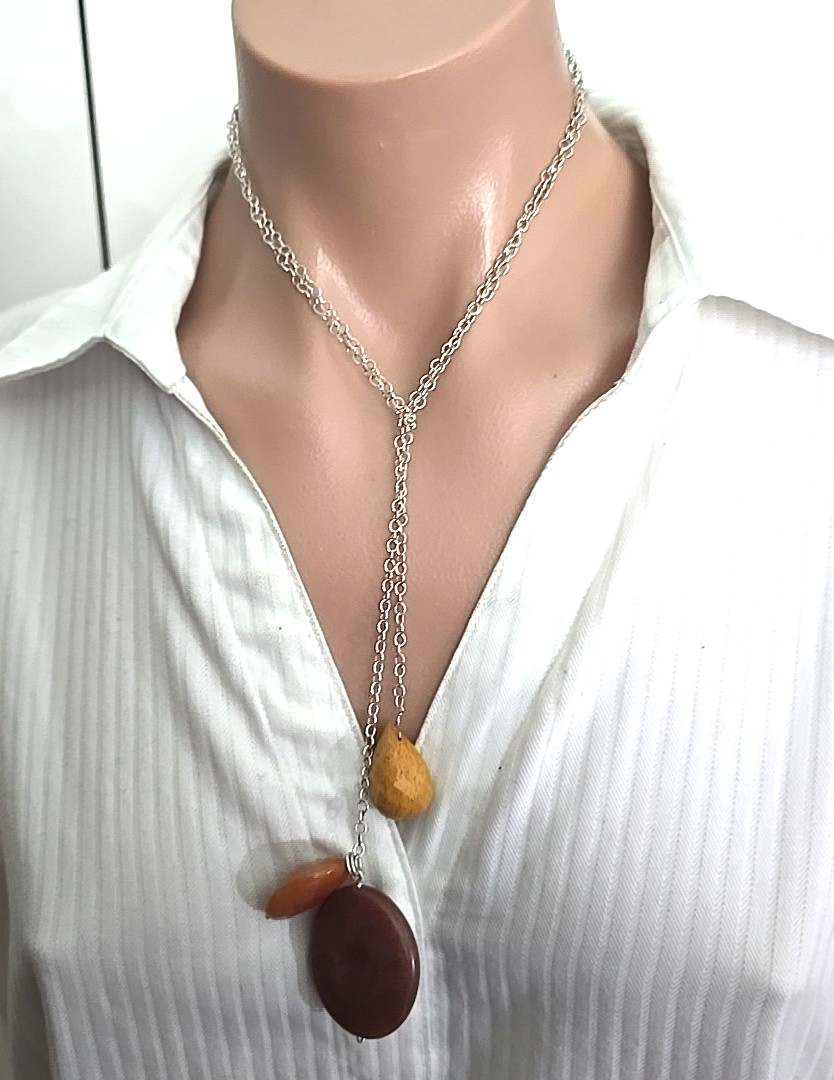 Vintage Sterling Silver Chain Faceted Agate Dangle Beads Tie Chain Necklace 40″L