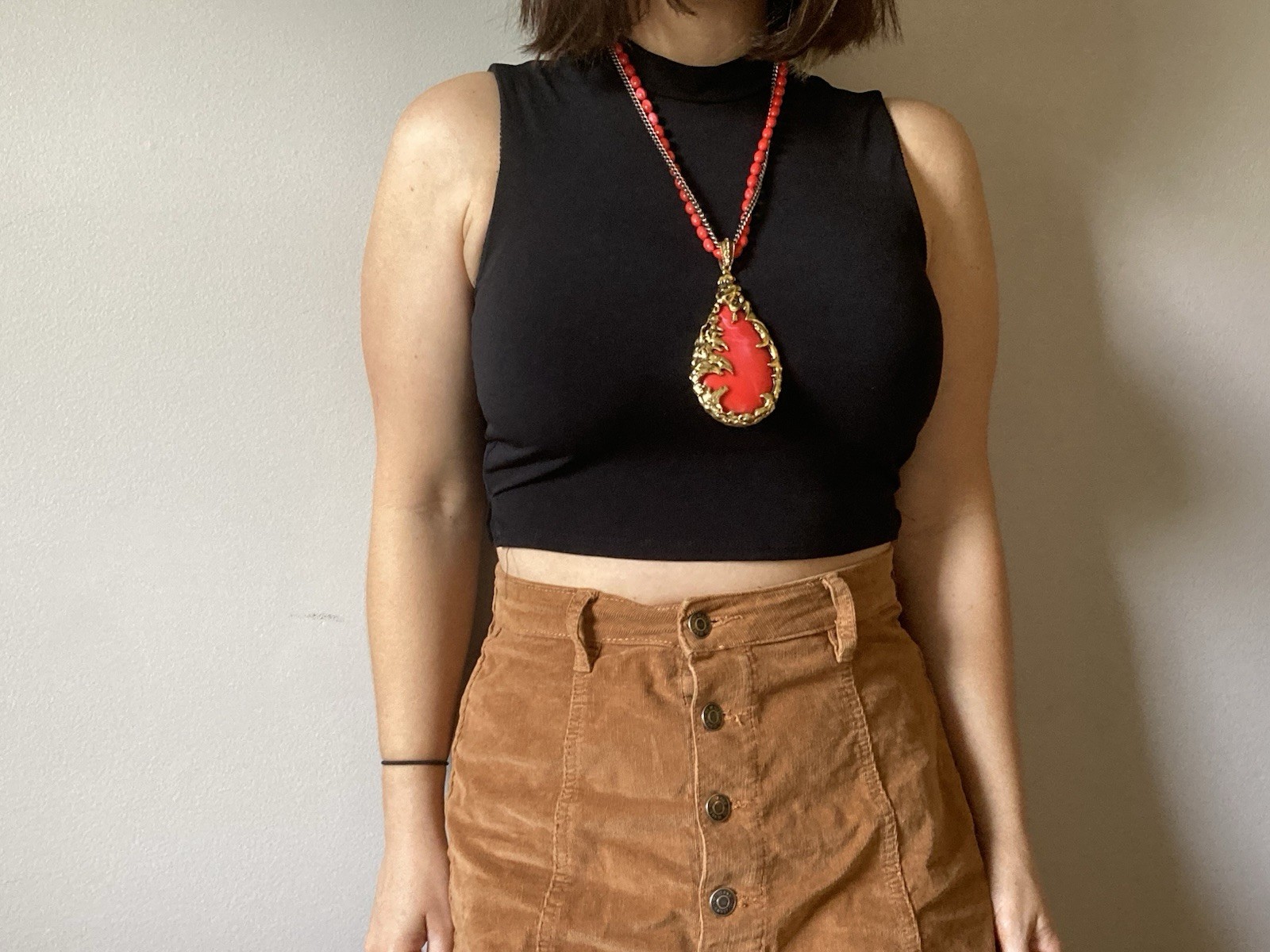 Vintage 1960s Brutalist Love Witch Necklace Deep Coral Lucite Gold Pendant