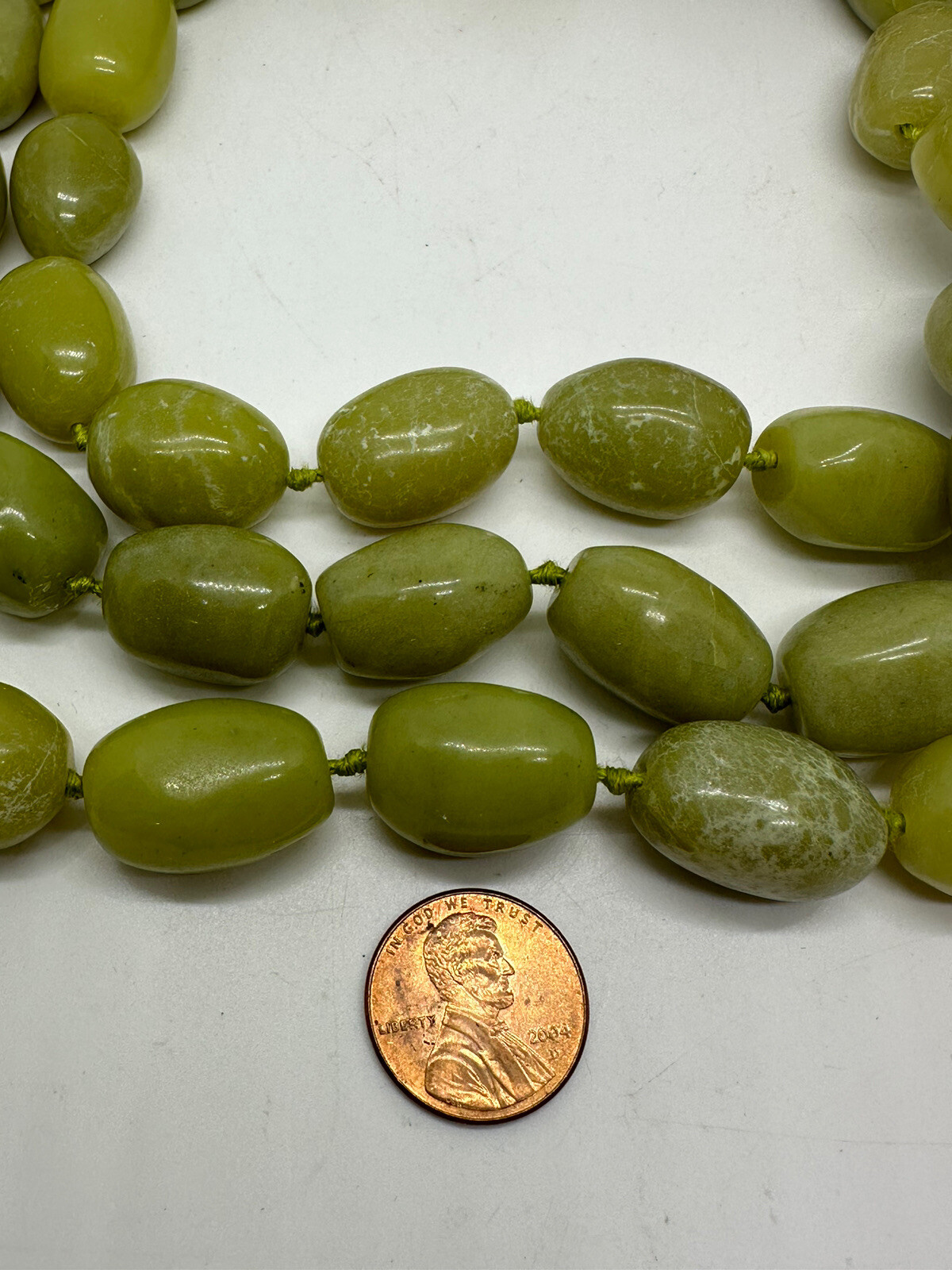 Vintage 3-Strand Olive Jade Nugget Beads Hand Knot 16-inch Choker Necklace