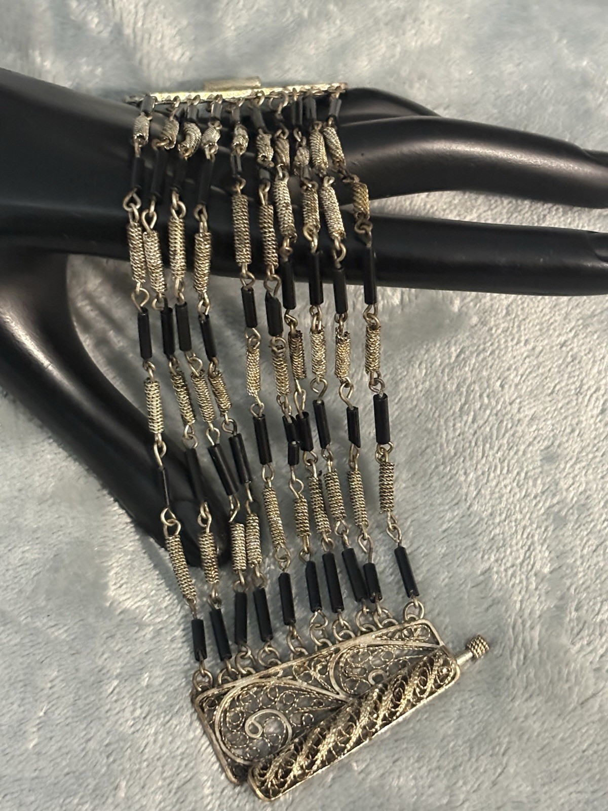 Vintage Multi Strand Wire Wrap Bracelet Filigree Black Tube Bead Metalwork 6.4”