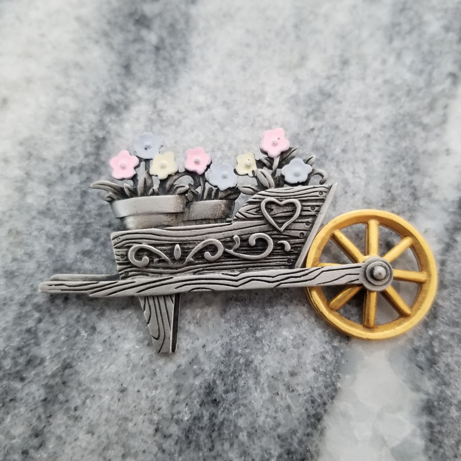 Vintage JJ Wheelbarrow full of Flowers and Moving Wheel, Silver Tone, Estate