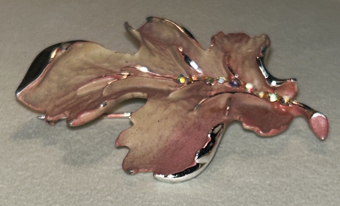 Vintage BSK Autumn Leaf Brooch Brown Rose Enamel AB Rhinestones Silver Tone 1950