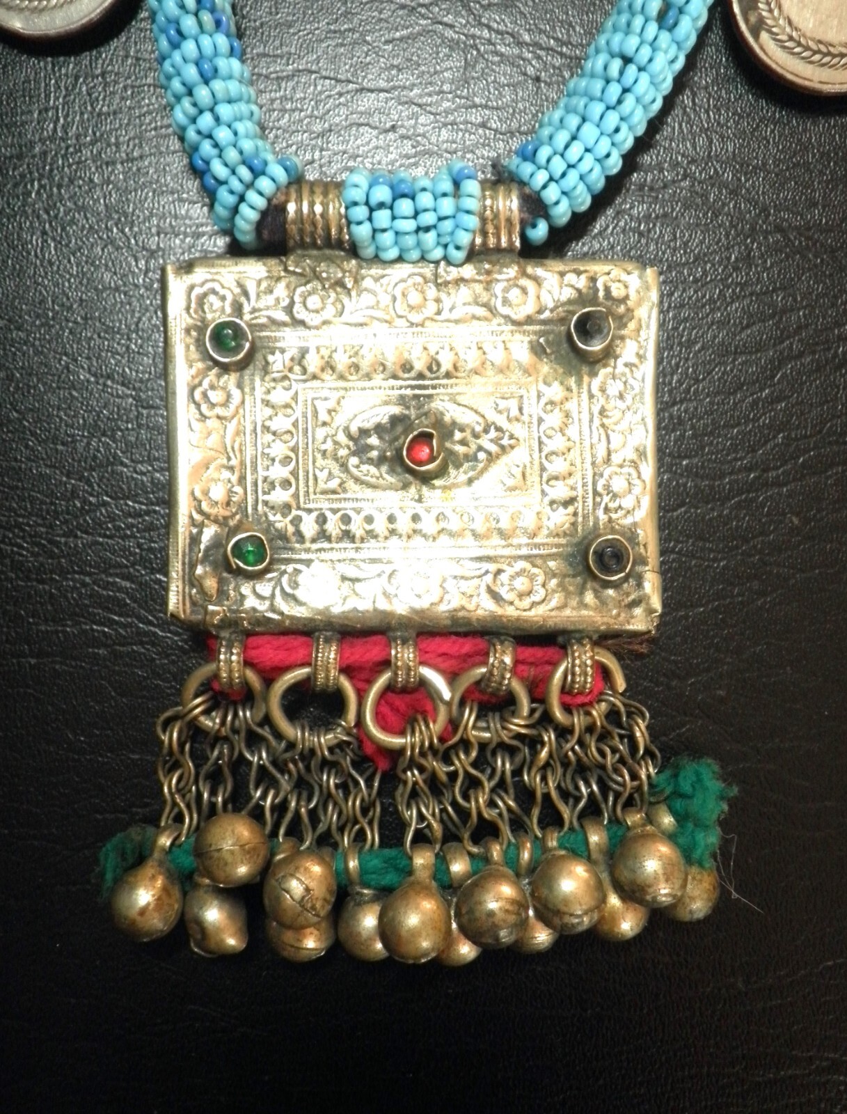 Vintage Turkoman Tribal Artisanal Wool Beaded Engraved Metal Statement Necklace