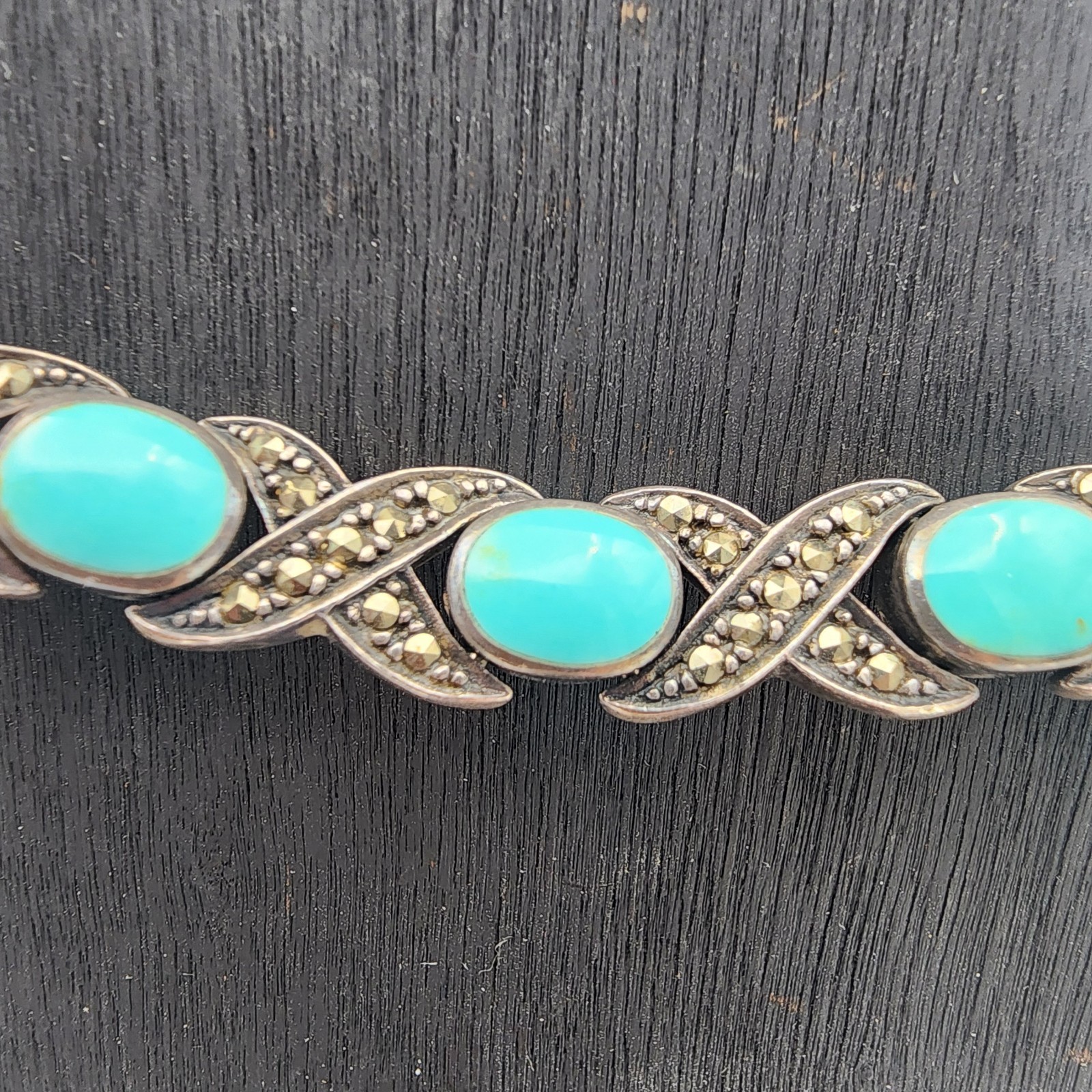 VTG FAS 925 Sterling Silver Marcasite Turquoise XO Link Bracelet 7.25in GUC