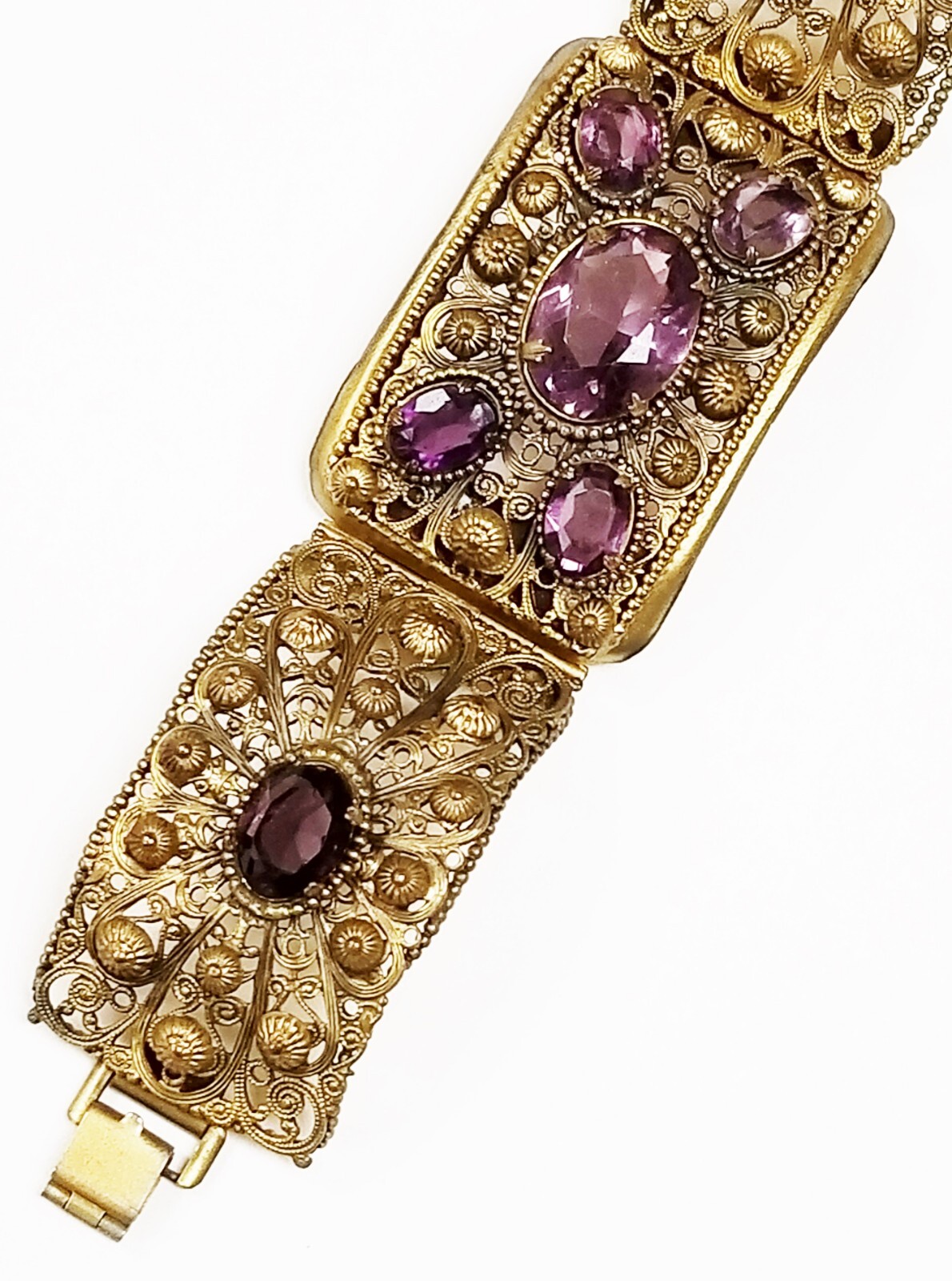 Georgian Style Czech Open Back Amethyst Cannetille Wire Work Panel Bracelet