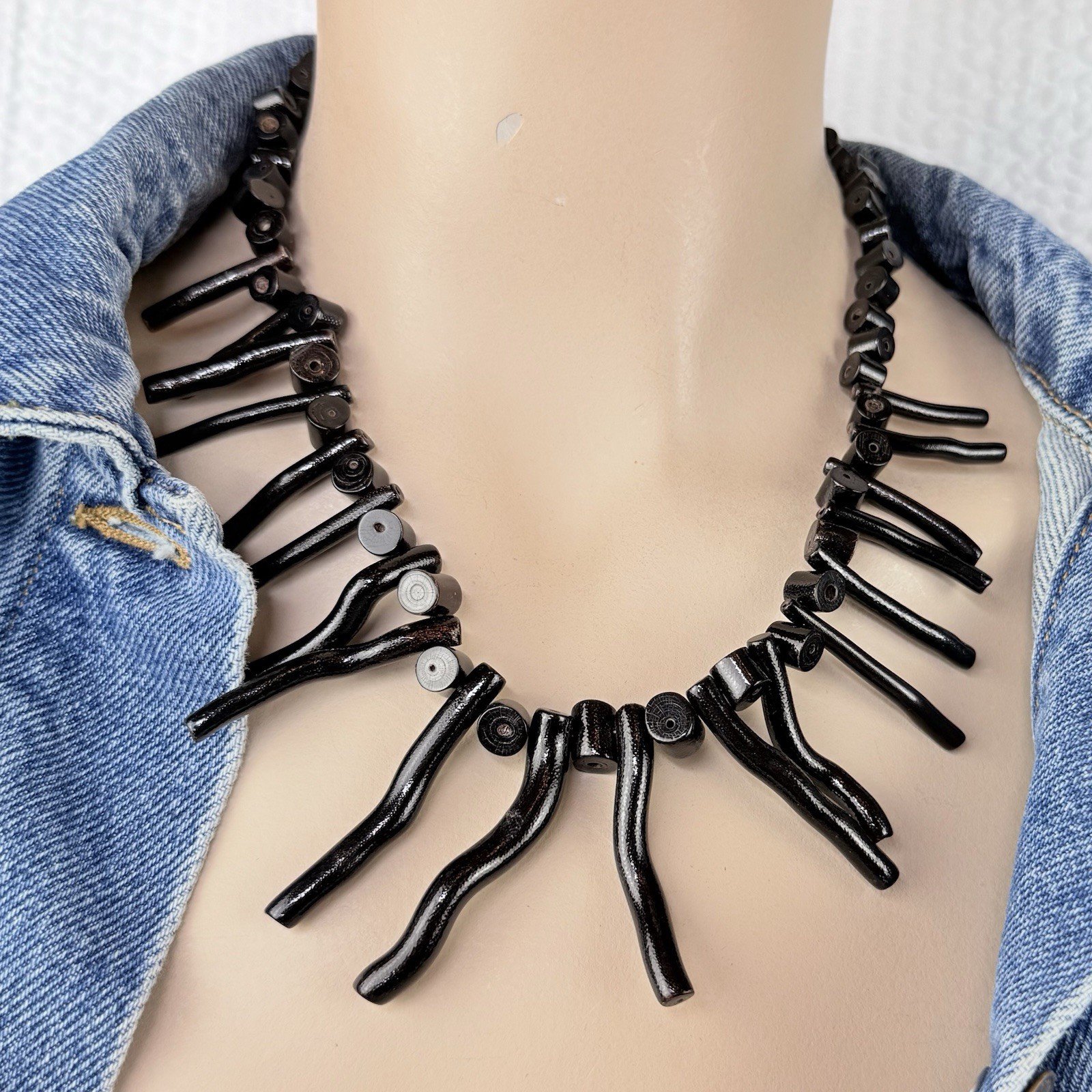 Vintage Genuine Black Branch Coral Chunky Tribal Boho Chic Goth Fringe Necklace