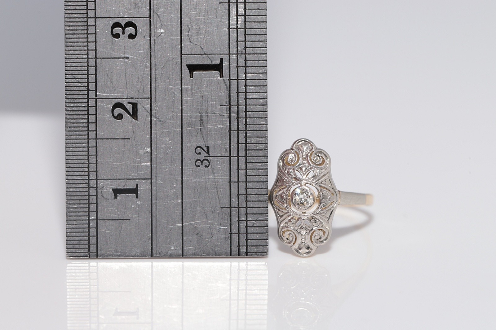 Antique Circa 1920s Art Deco 14k Gold Natural Diamond Decorated Navette Ring