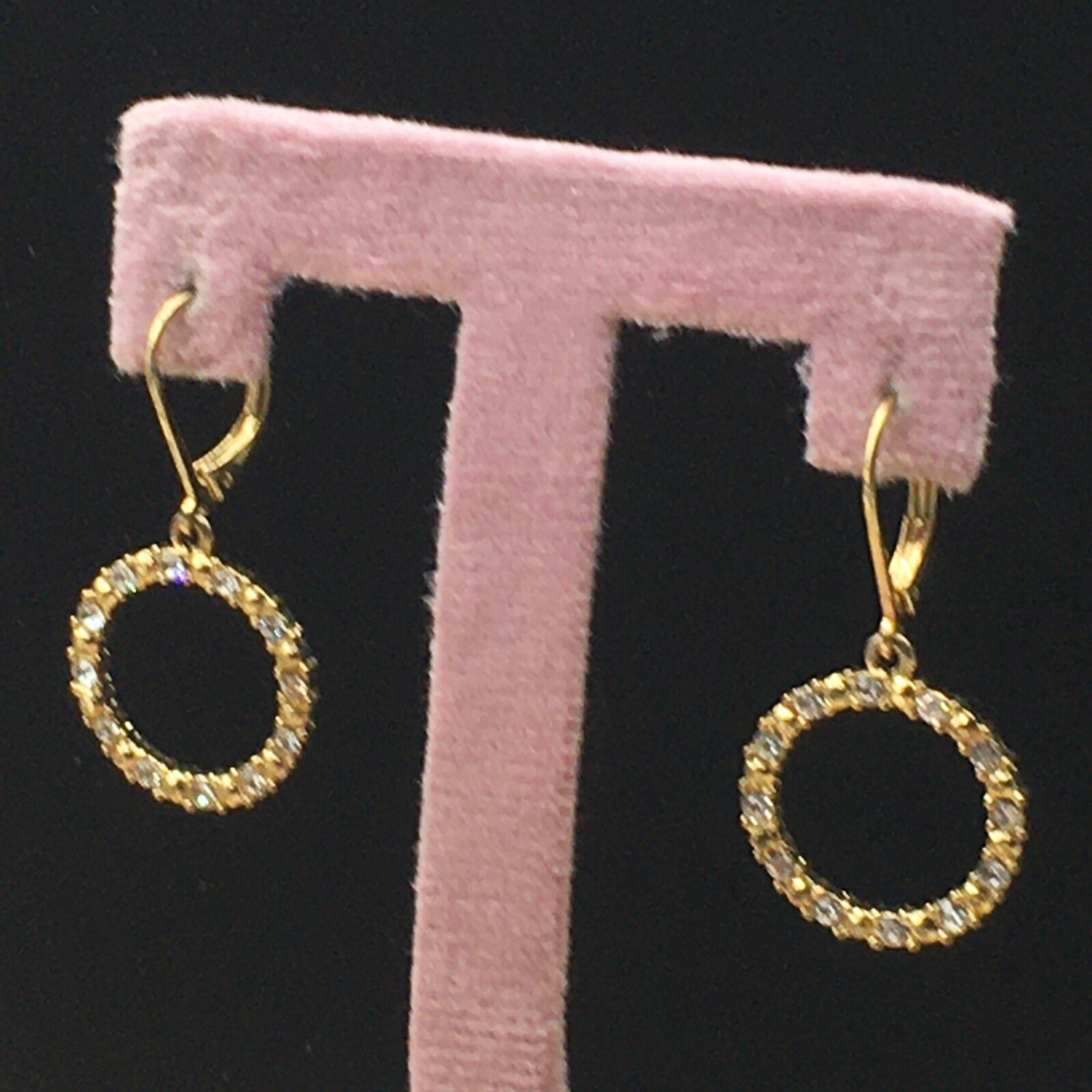 Avon Rhinestone Earrings Gold Tone Round Pave Circle Lever Back 1.5″