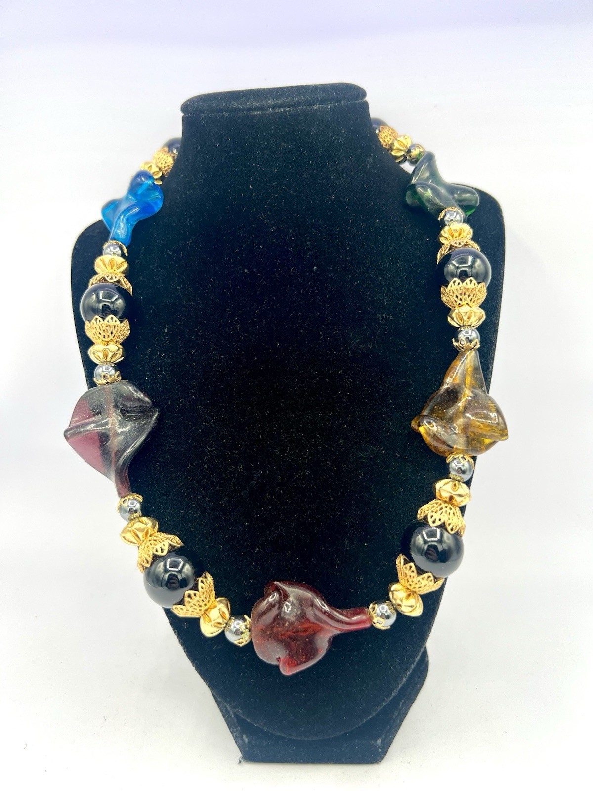 Vintage Chunky Colorful Handblown Glass Twist Necklace 16” RO-DO $200 NOS CB