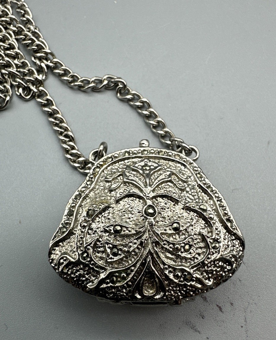 Vintage Xanadu Quartz Y2K Purse Hidden Watch Necklace Works Marcasite Adorned