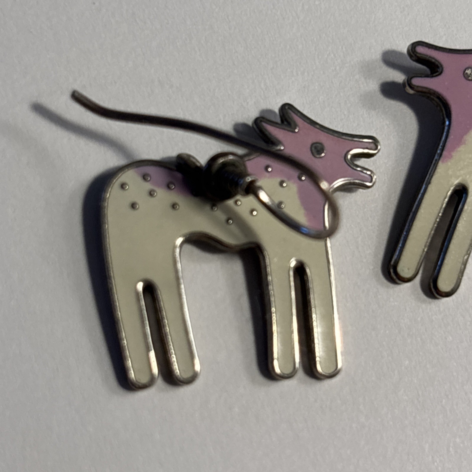 LAUREL BURCH “WILD DOG” DANGLE EARRINGS,SOFT PINK,WHITE ENAMEL, SIGNED, vintage