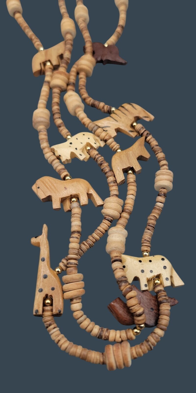 Vintage Double Strand Hand Carved Wooden Safari Animal 16″ Statement Necklace