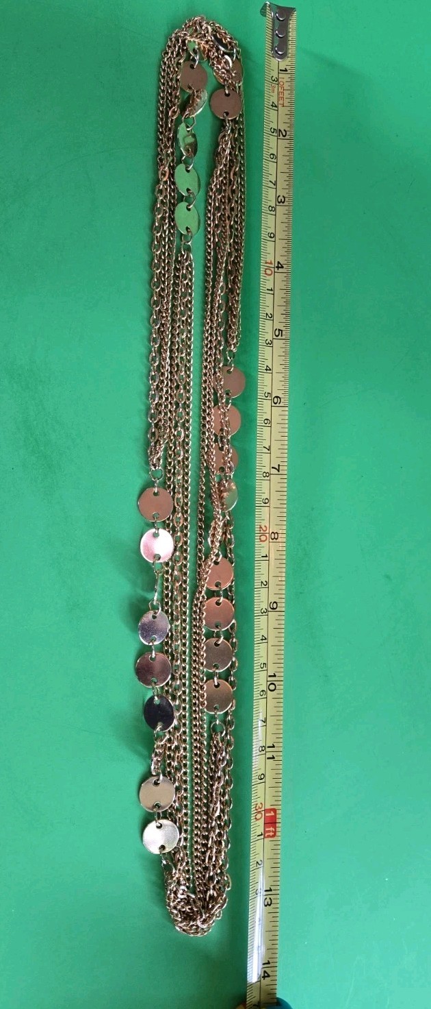Goldtone Three Strand Long Chain 54″With Round Discs