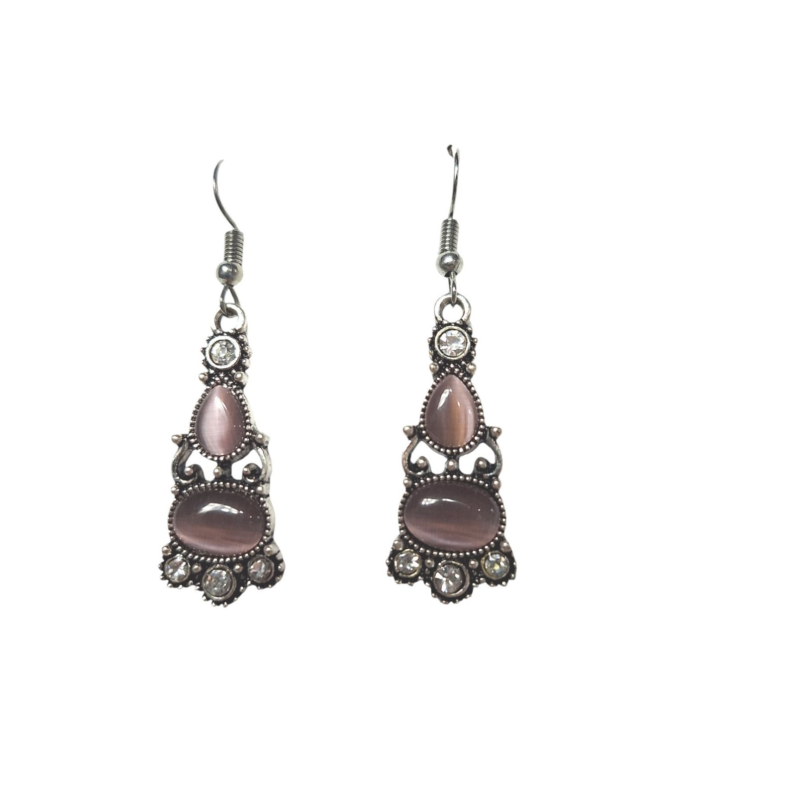 Vintage-Style Silver-Tone Dangle Earrings With Pink Cats Eye Stones & Crystal Ac