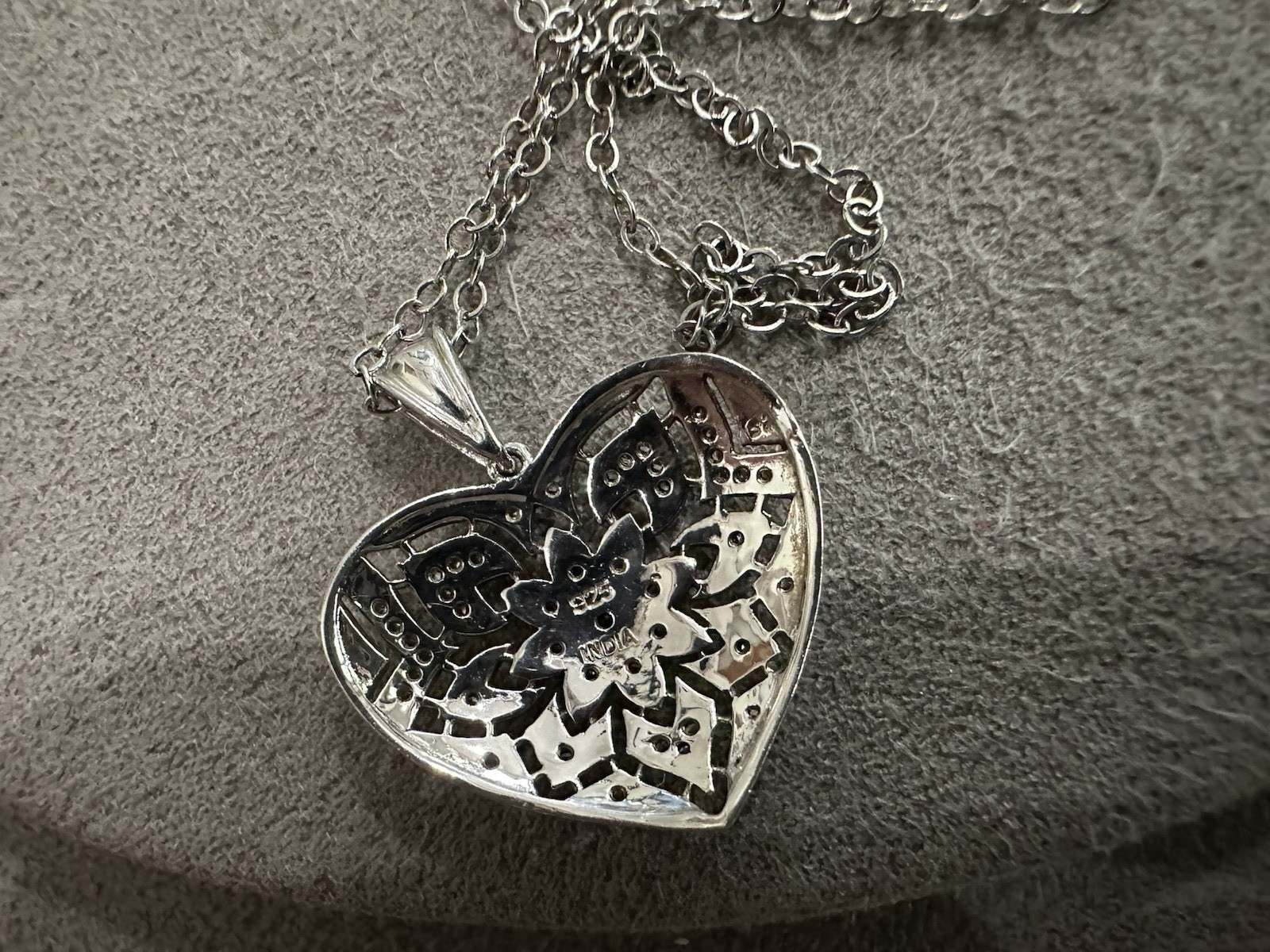 Vintage Sterling Silver Diamond Flower Heart Pendant Necklace 18″