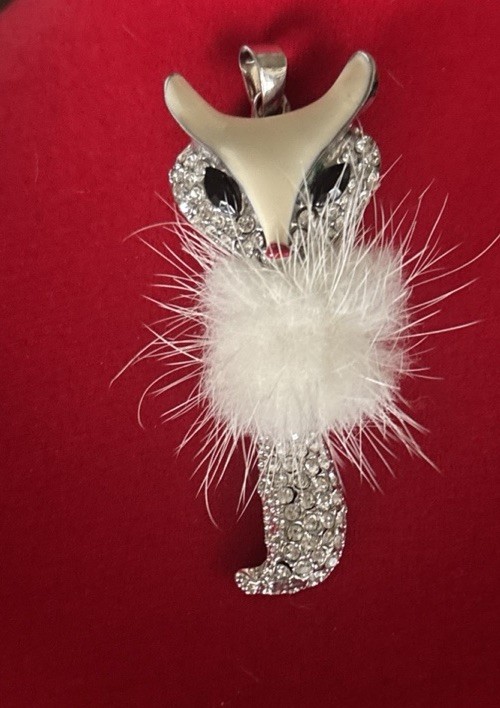 VTG Charming Charlie Fox Pendant Enamel Rhinestone Faux Fur Articulated Tail 3”