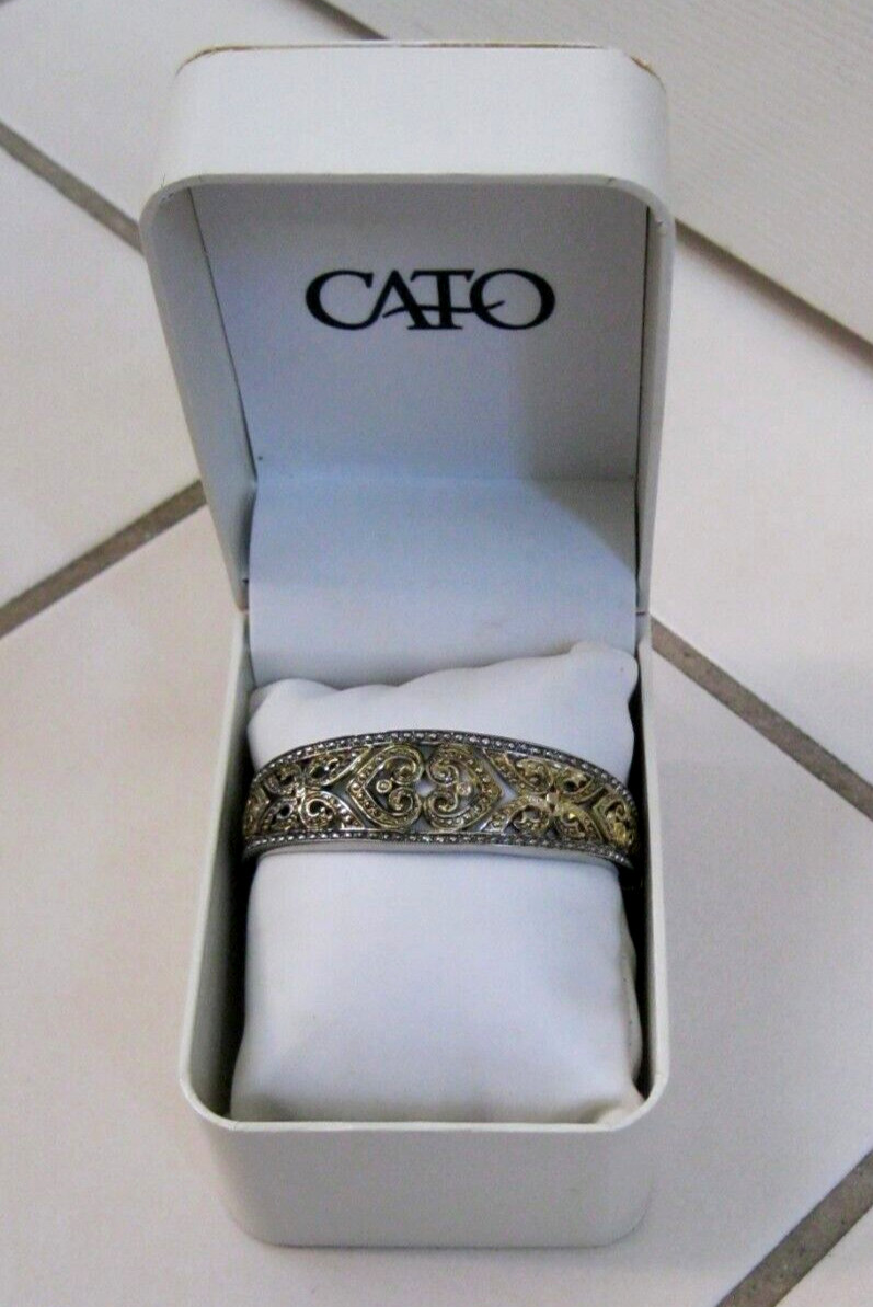 CATO Filigree Hearts Silver & Gold Tone Cuff Open Bracelet Spring Hinge Ends