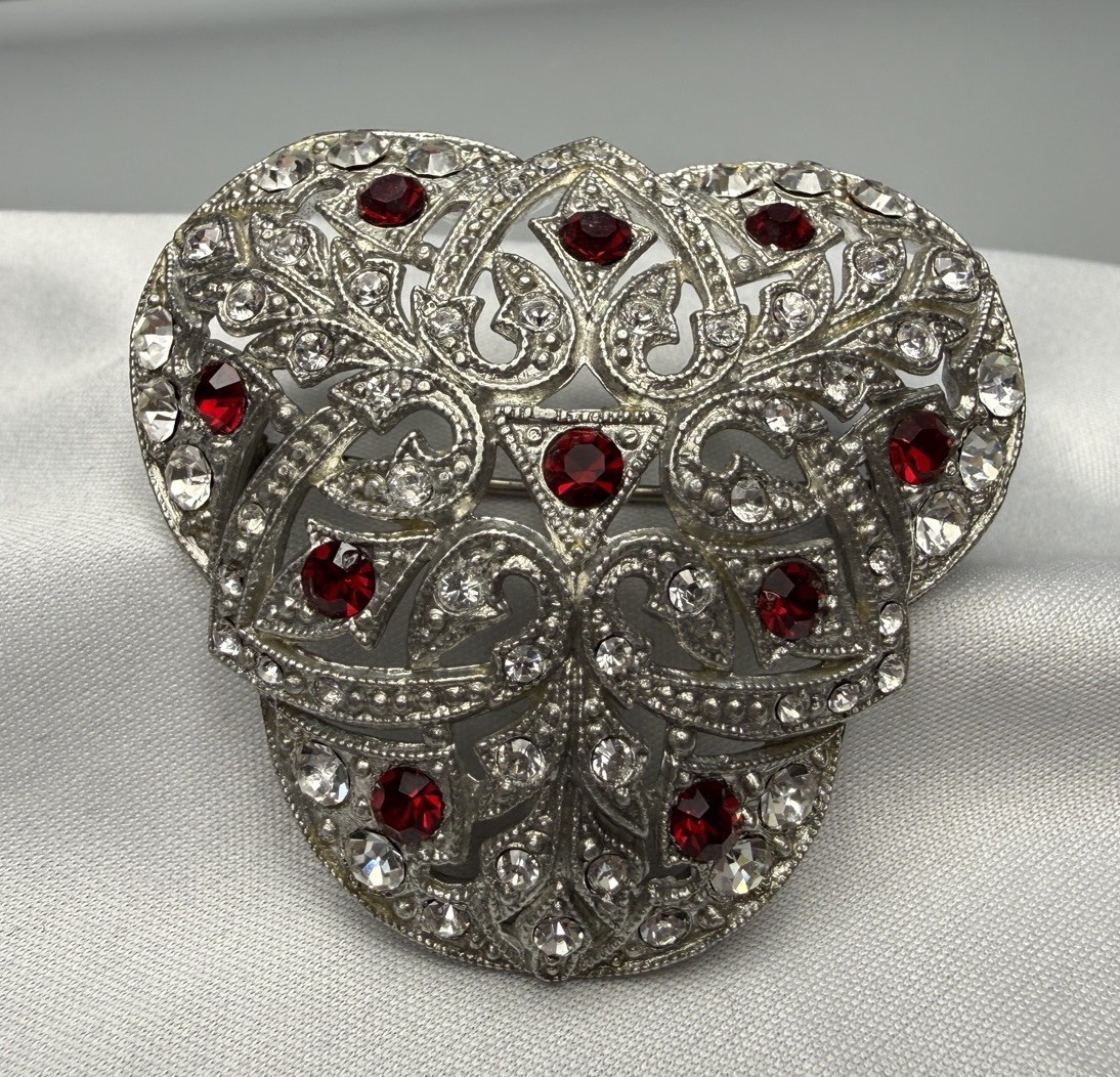Brooch 1930s Pot Metal New England Glassworks Red & Clear Rhinestone VTG 5.1cm