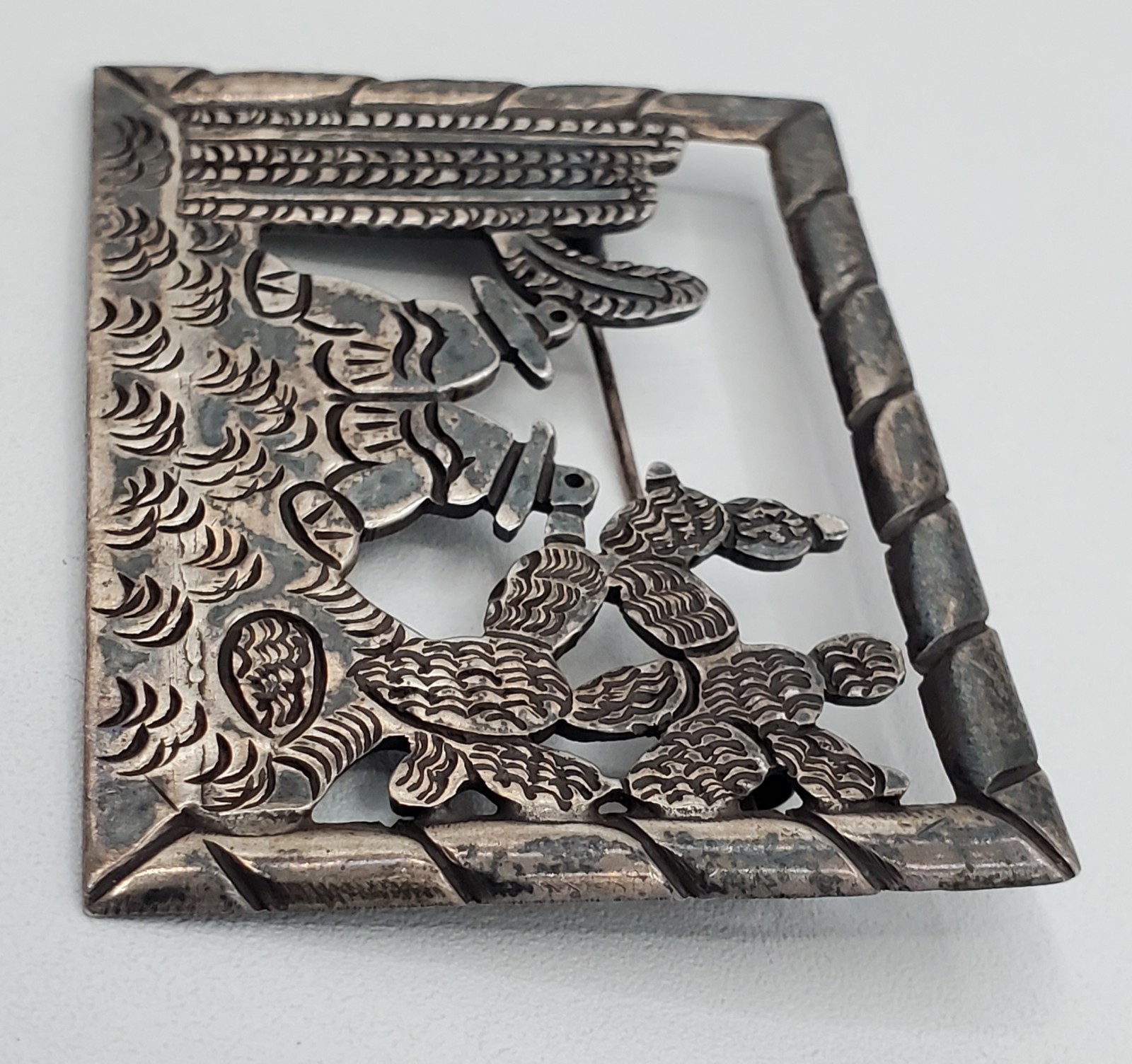 Mexican 980 Silver Brooch 2in Siesta Men Cactus Scene Handmade 17.1g Fine VTG
