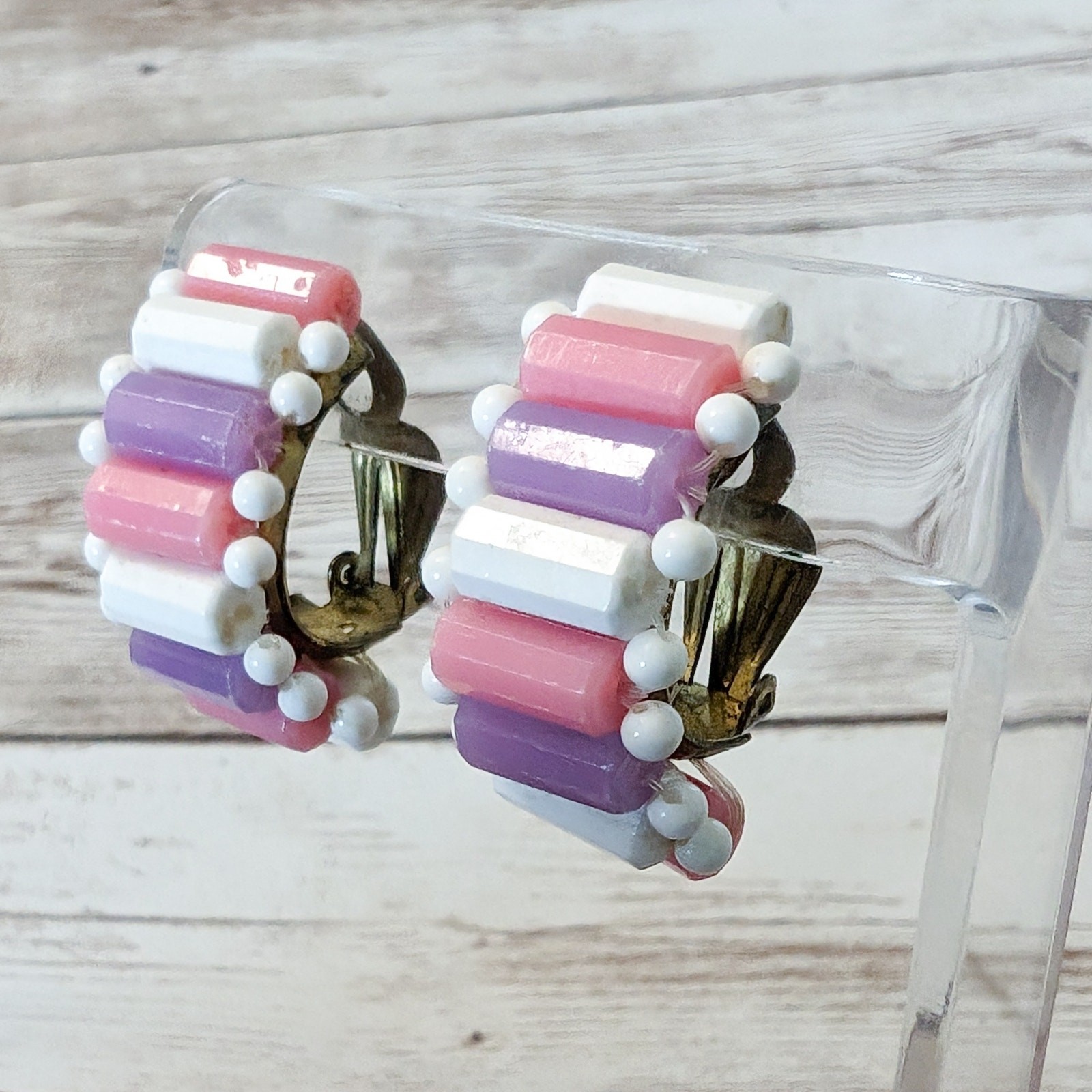 Vintage Clip On Earrings White, Purple, Pink Large Chunky Half Hoops