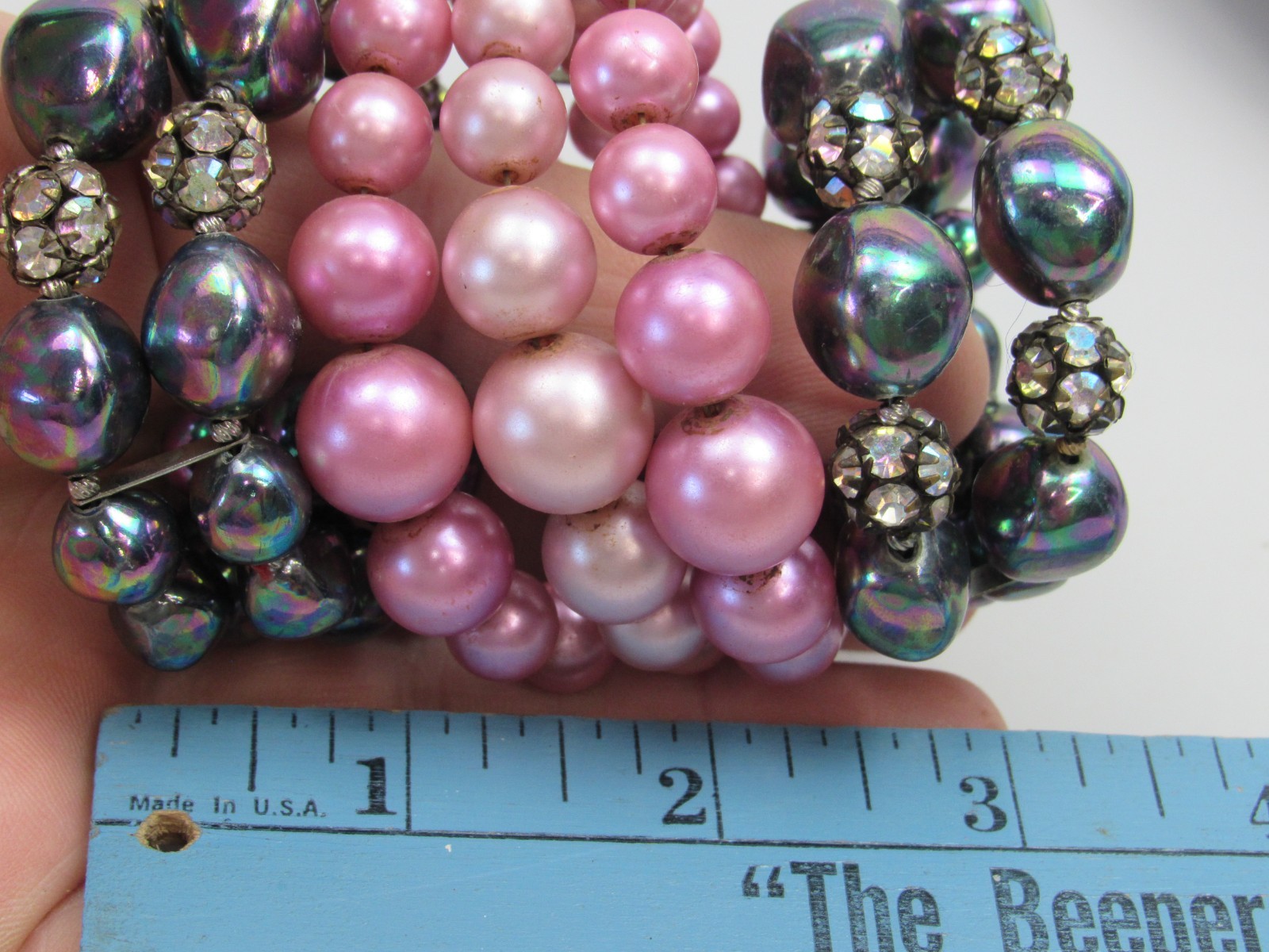 3 Vintage Beaded Stretch Cuff Bracelets Lot Pink Iridescent Rhinestone