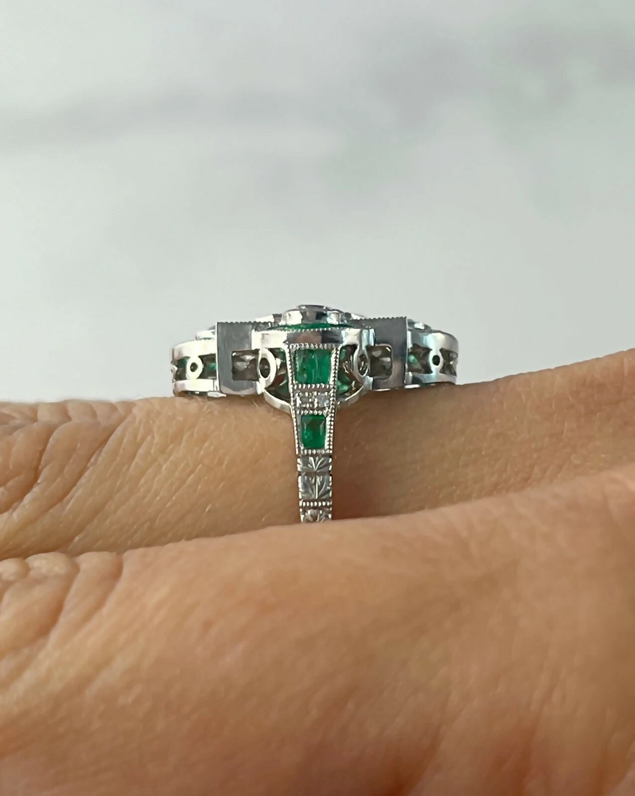 Art Deco Style Emerald and Lab Created Diamond Engagement 14K White Gold FN Ring