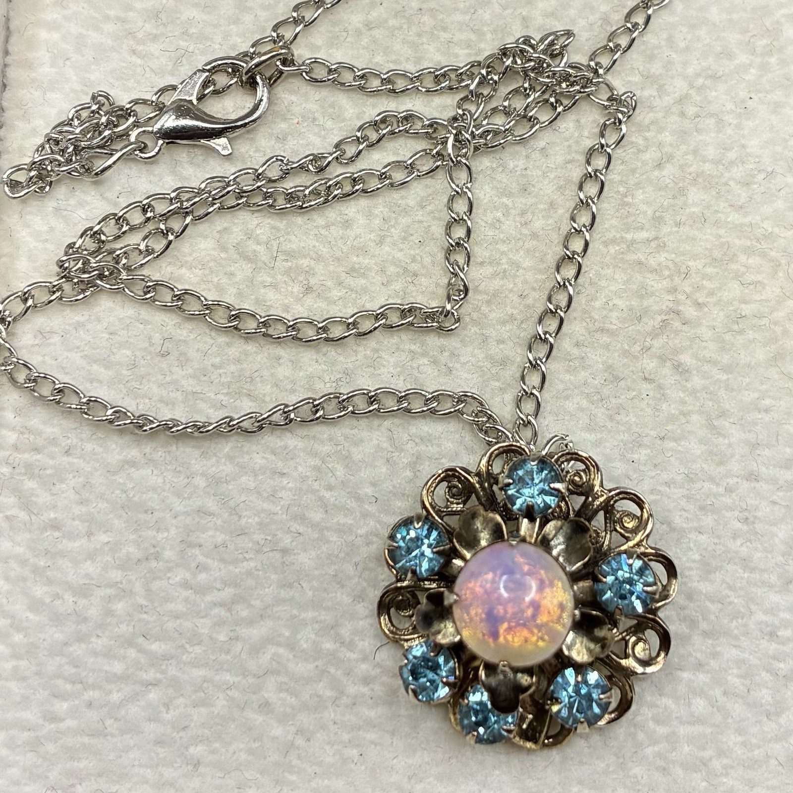 Custom Vintage Faux Opal & Blue Rhinestone Pendant Necklace, Very Fetching! OOAK