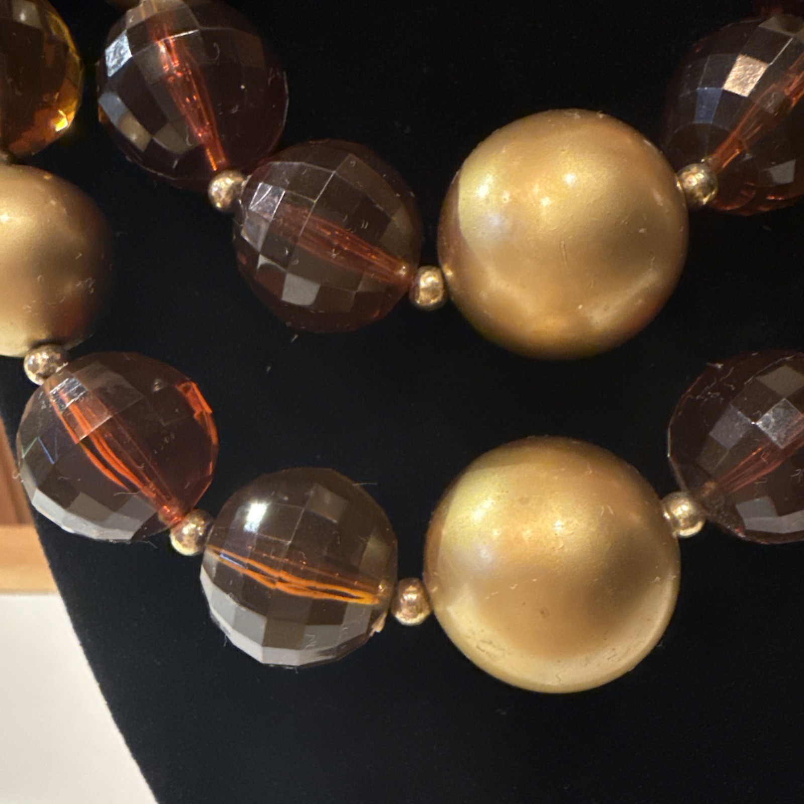 VTG Lucite Beaded Two Strand Necklace Two Tone Honey Amber Gold Faceted 16”