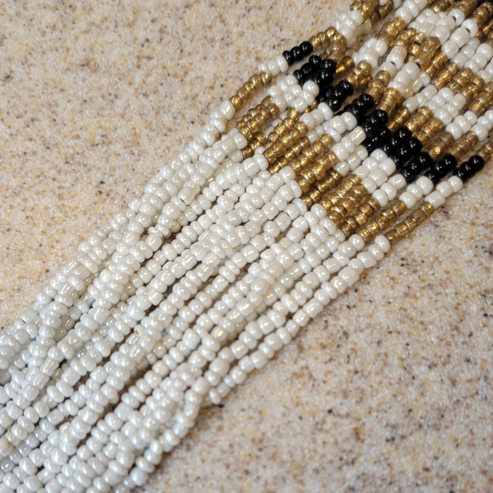 Vintage 16 Strand Black White Gold Seed Beads 22in Beaded Necklace 3in Extender