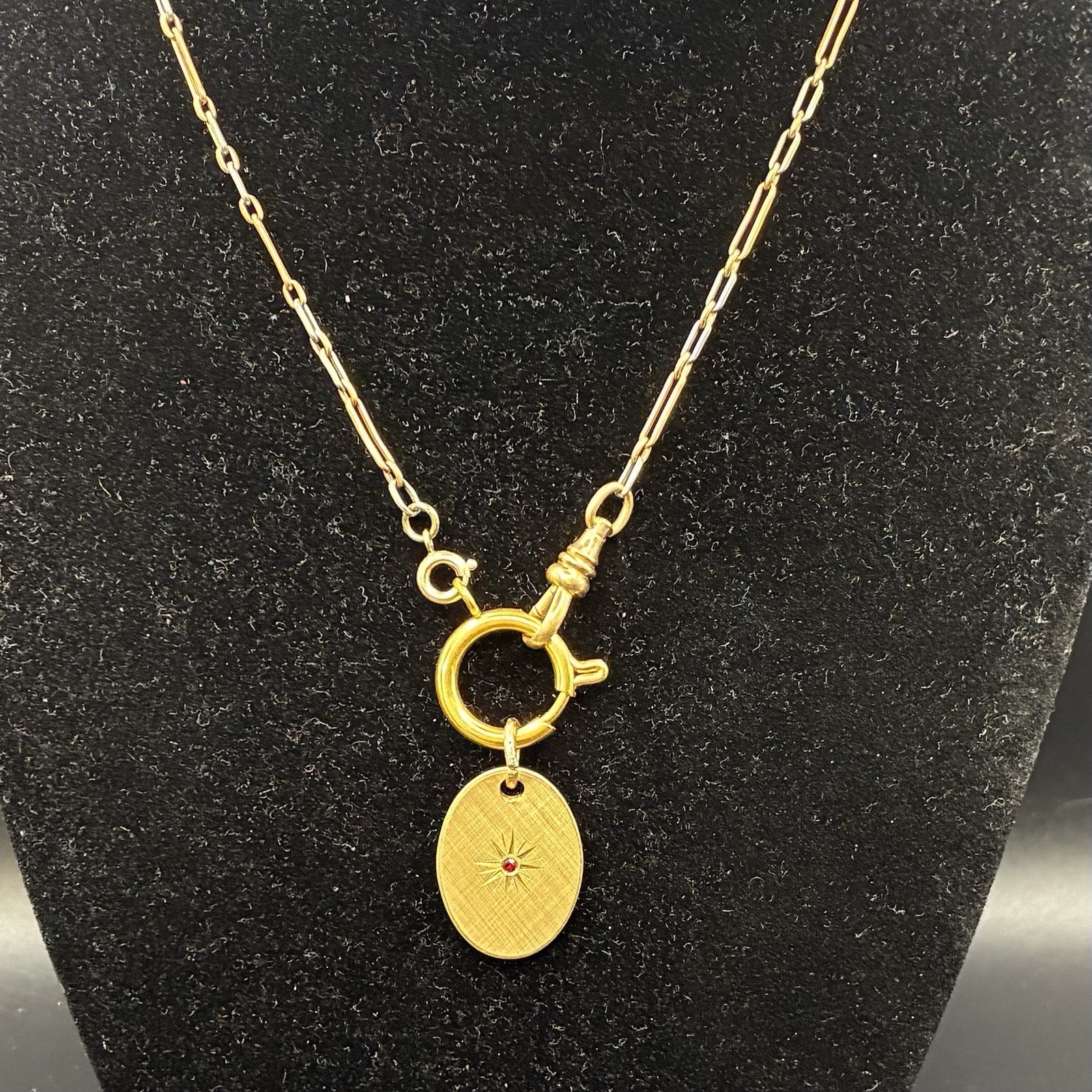 Vintage 12k Gold Filled Pocket Watch Chain FOB,Dog Clip,O-Ring, Ruby-Glass Charm