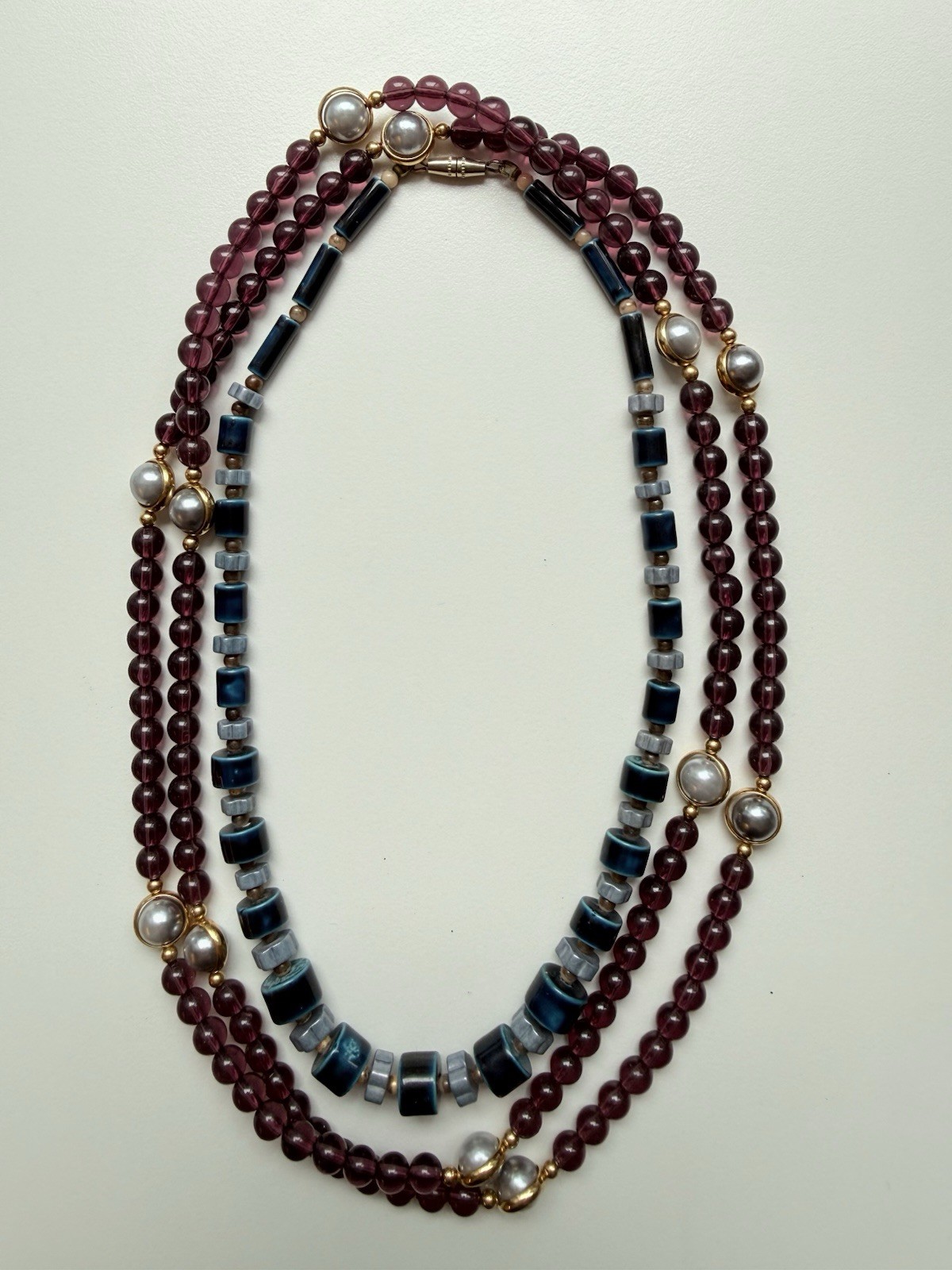 Two Vintage Necklaces, Blue Porcelain and Purple with Faux Pearls (3308)