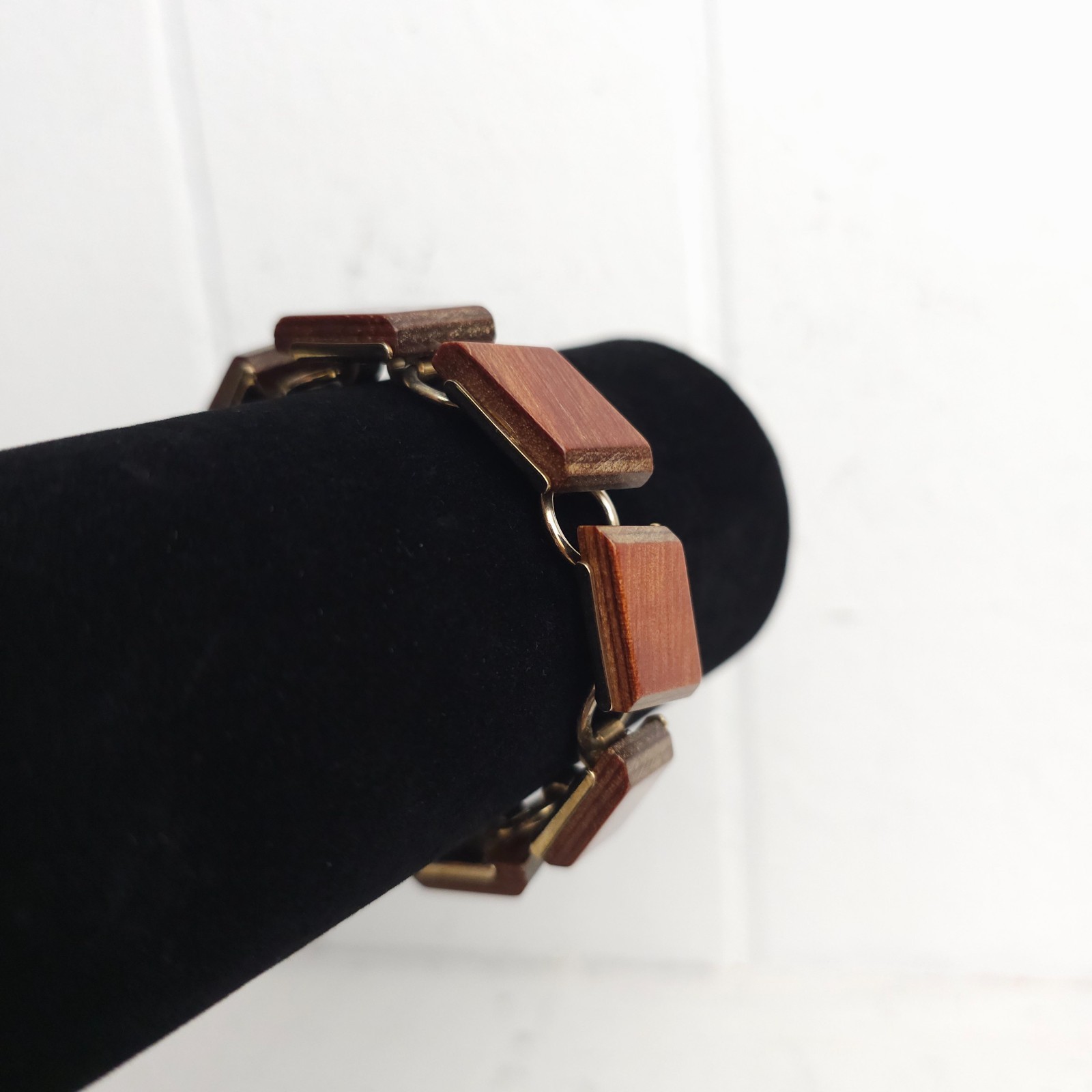 Vtg Modernist MCM Wood Tile Link Bracelet Boho 1960s 70s Earthy Natural Minimal