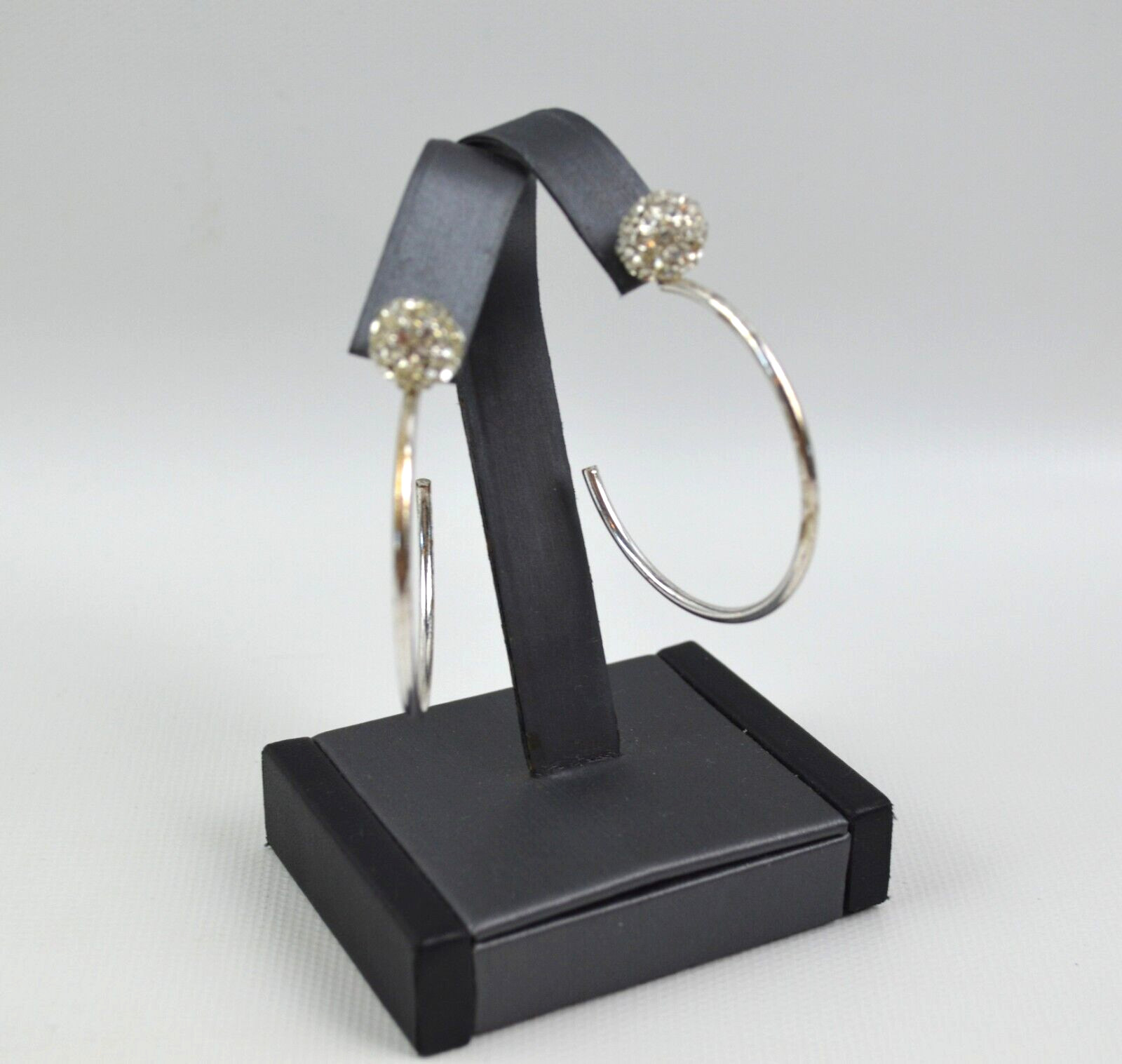 Silver Tone Hoop Pierced Earrings w/ Clear Rhinestoned Sphere 1 .75″ Across