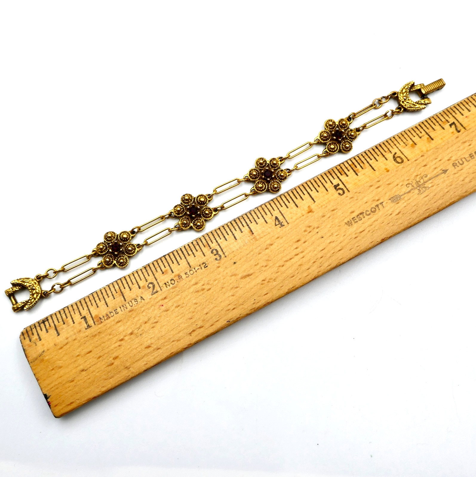 Goldette Red Rhinestone Bracelet 7.25″ Paper Clip Links Floral Gold Vintage