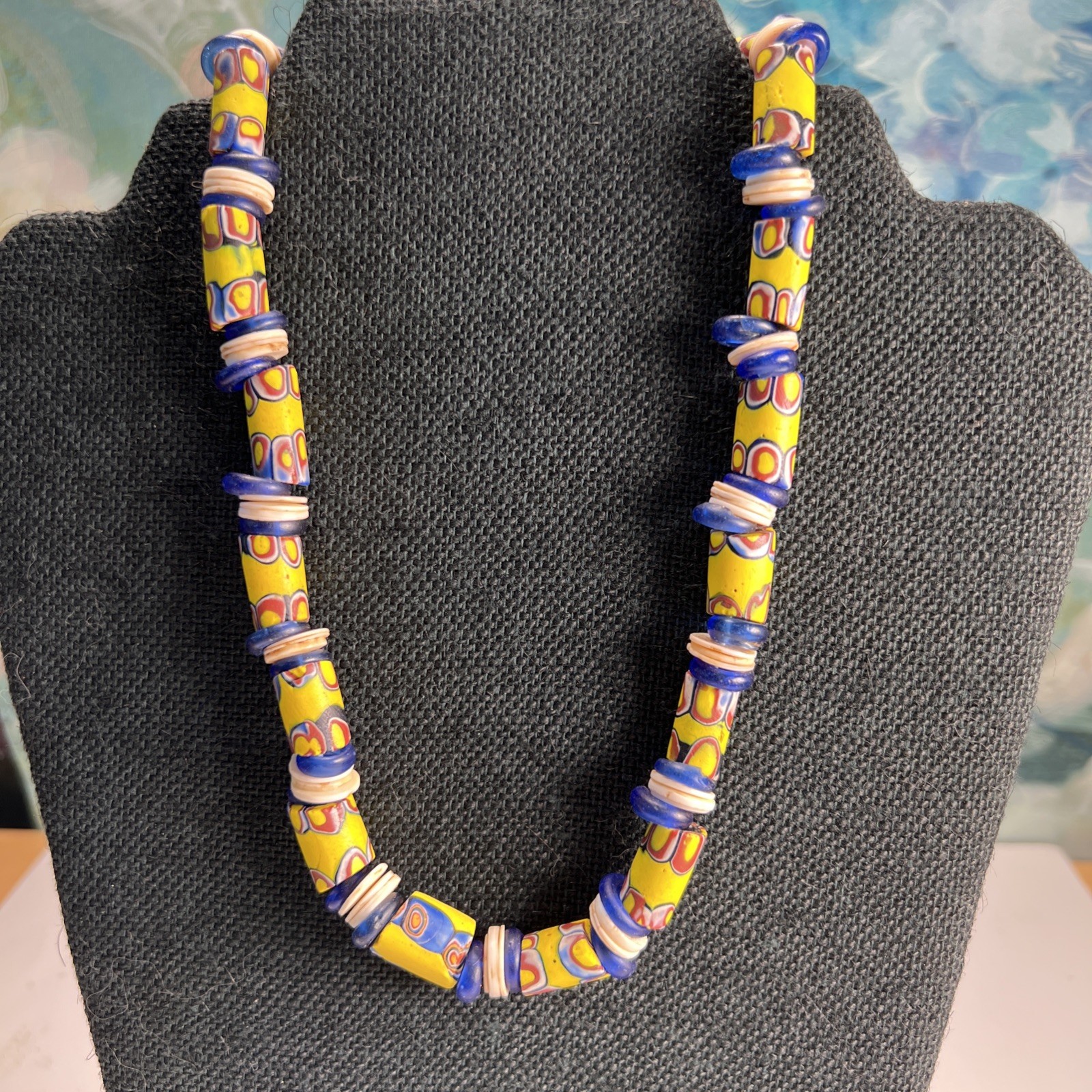 Matched Venetian Millefiori African Trade Bead Necklace 14kt GF Fish Hook Clasp