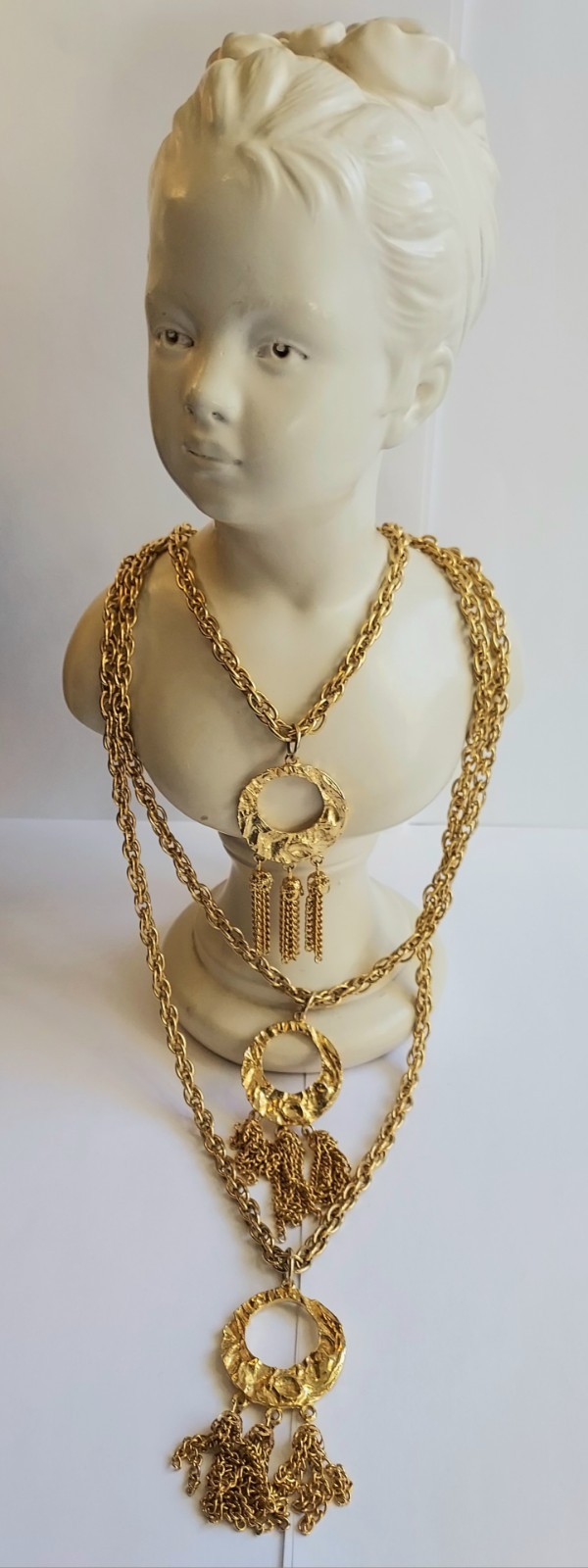Vintage Multi Strand Festoon Tassel Necklace Circle Pendant Gold Tone Statement
