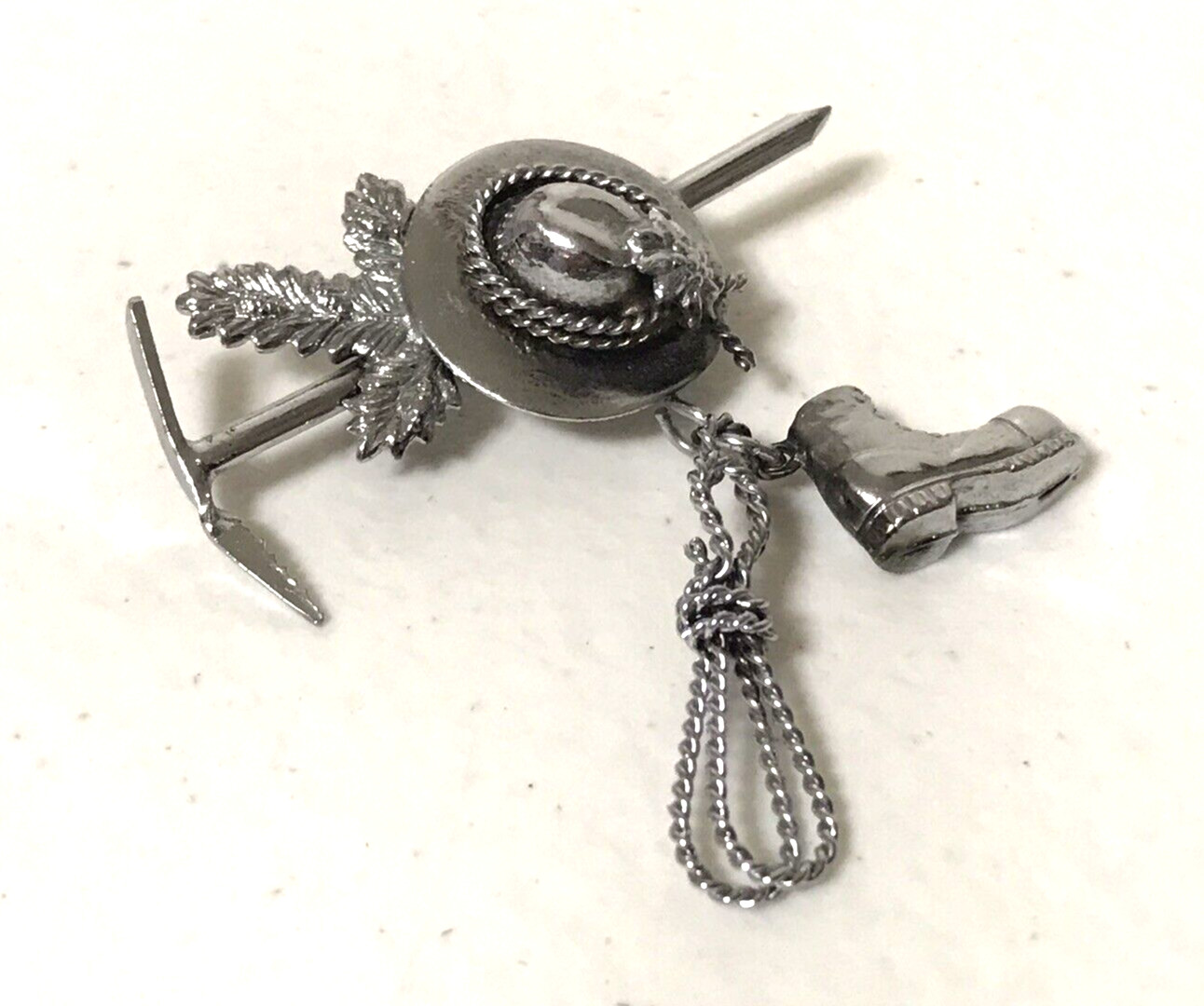 Vintage Silver Tone Gardening Hat Boot Tools Charms Dangles Brooch Pin Estate