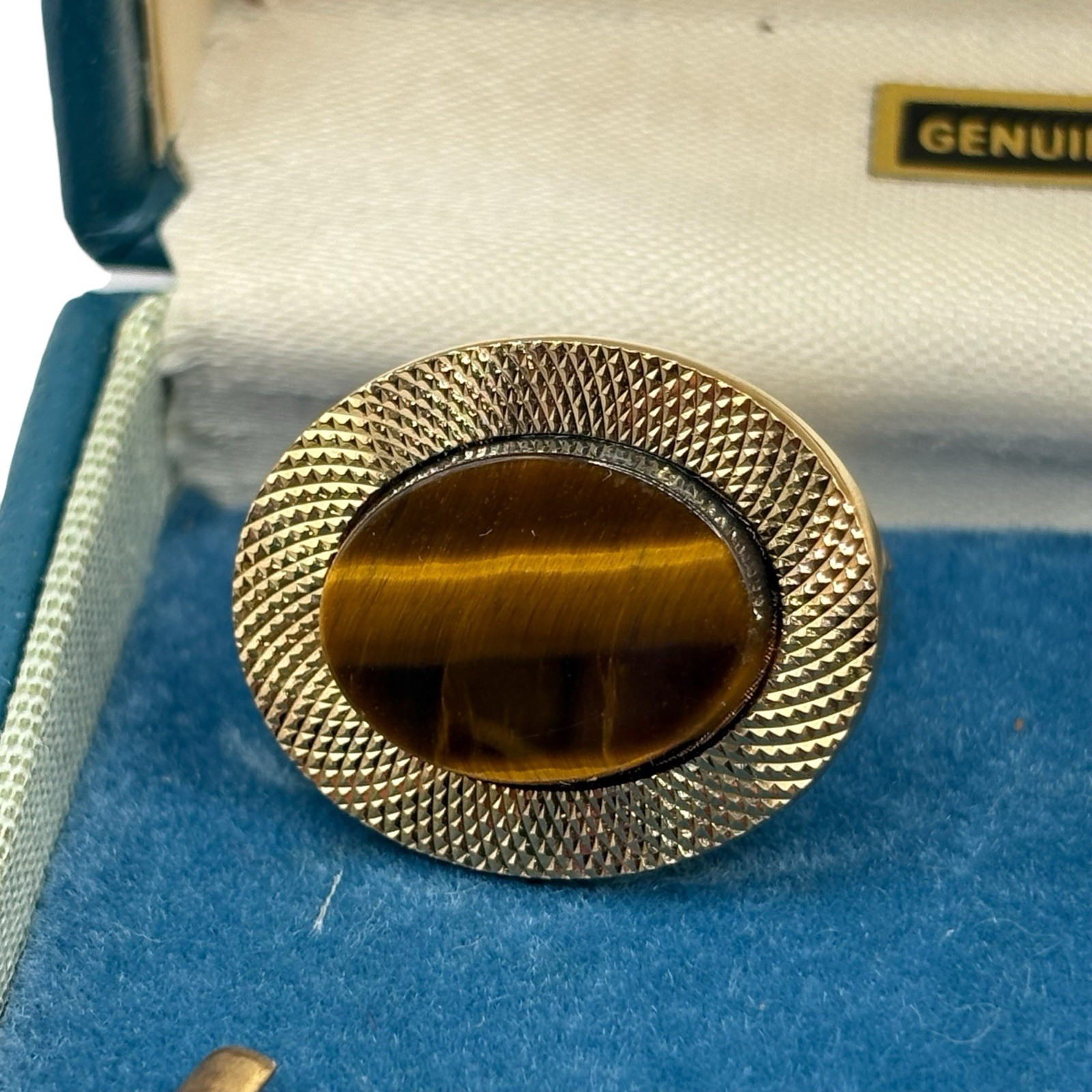 La Mode Genuine Tiger’s Eye Cuff Links & Tie Clip Set In Box Gold Tone Vintage