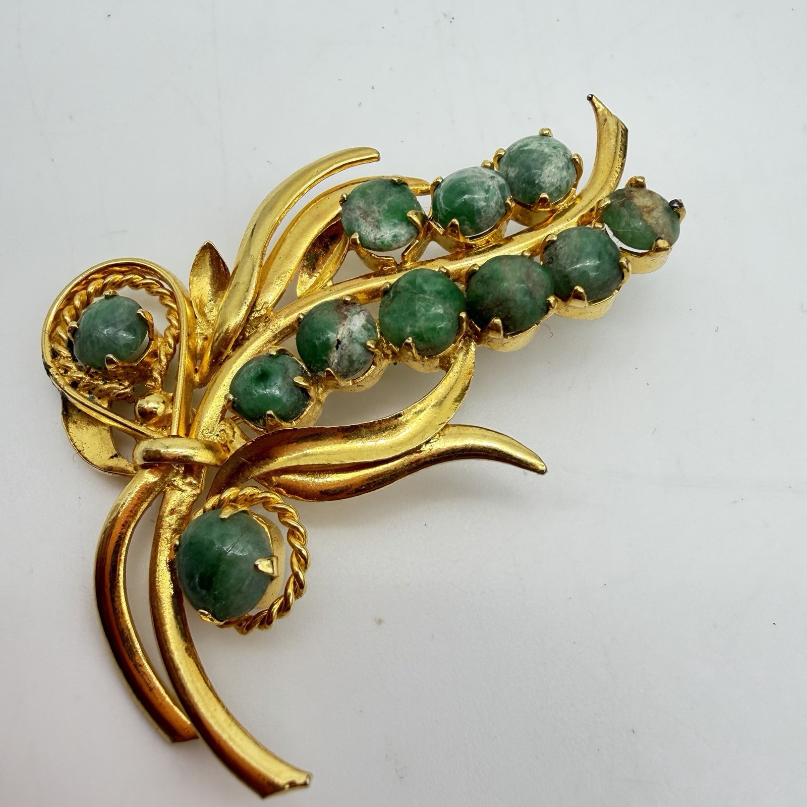 Antique Jade Brooch Pin Floral Design Bouquet Variegated Green Stone Victorian
