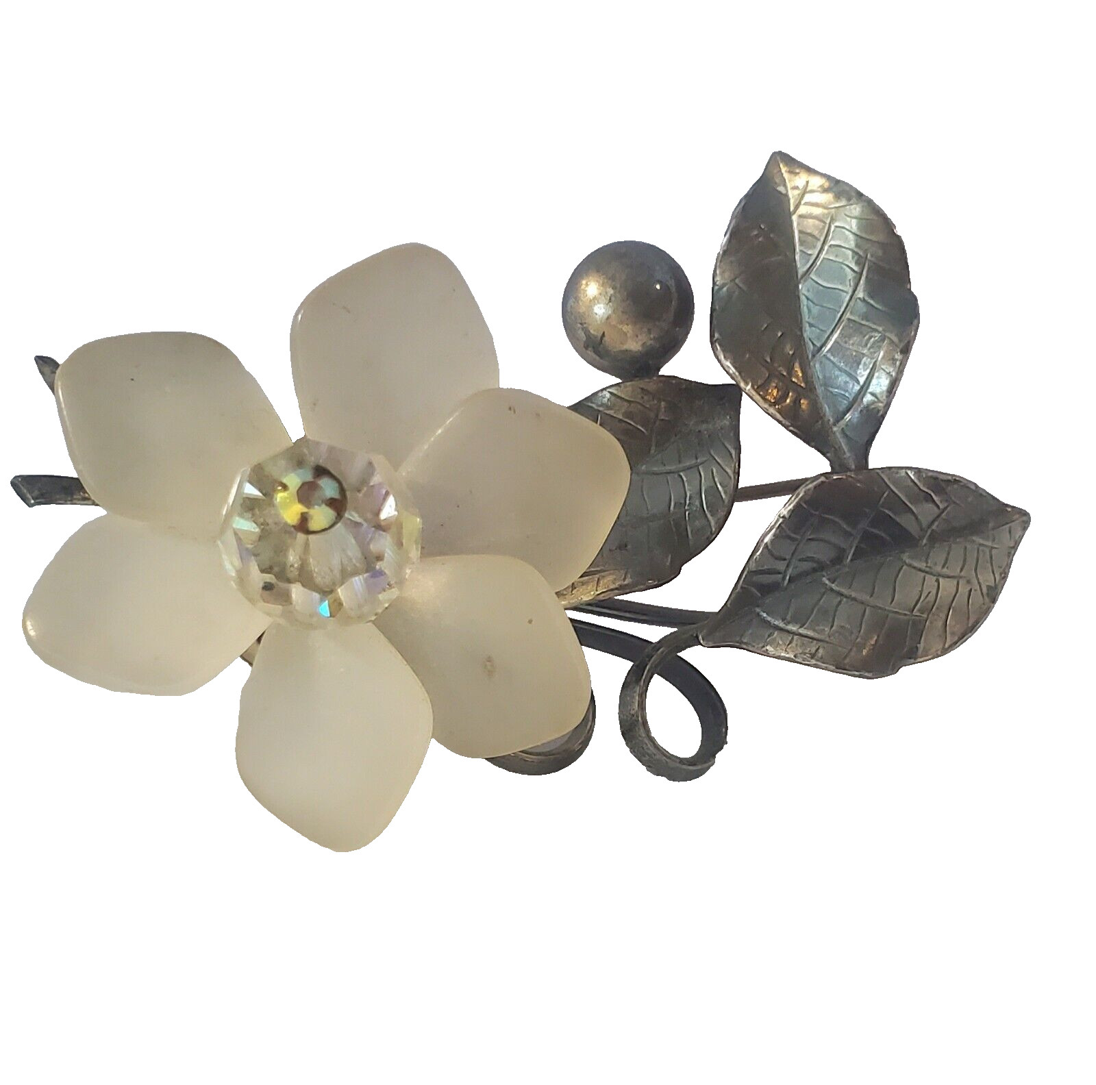 Vintage Frosted Lucite Flower Brooch Pin Crystal Stone Center Pewter Tone Metal