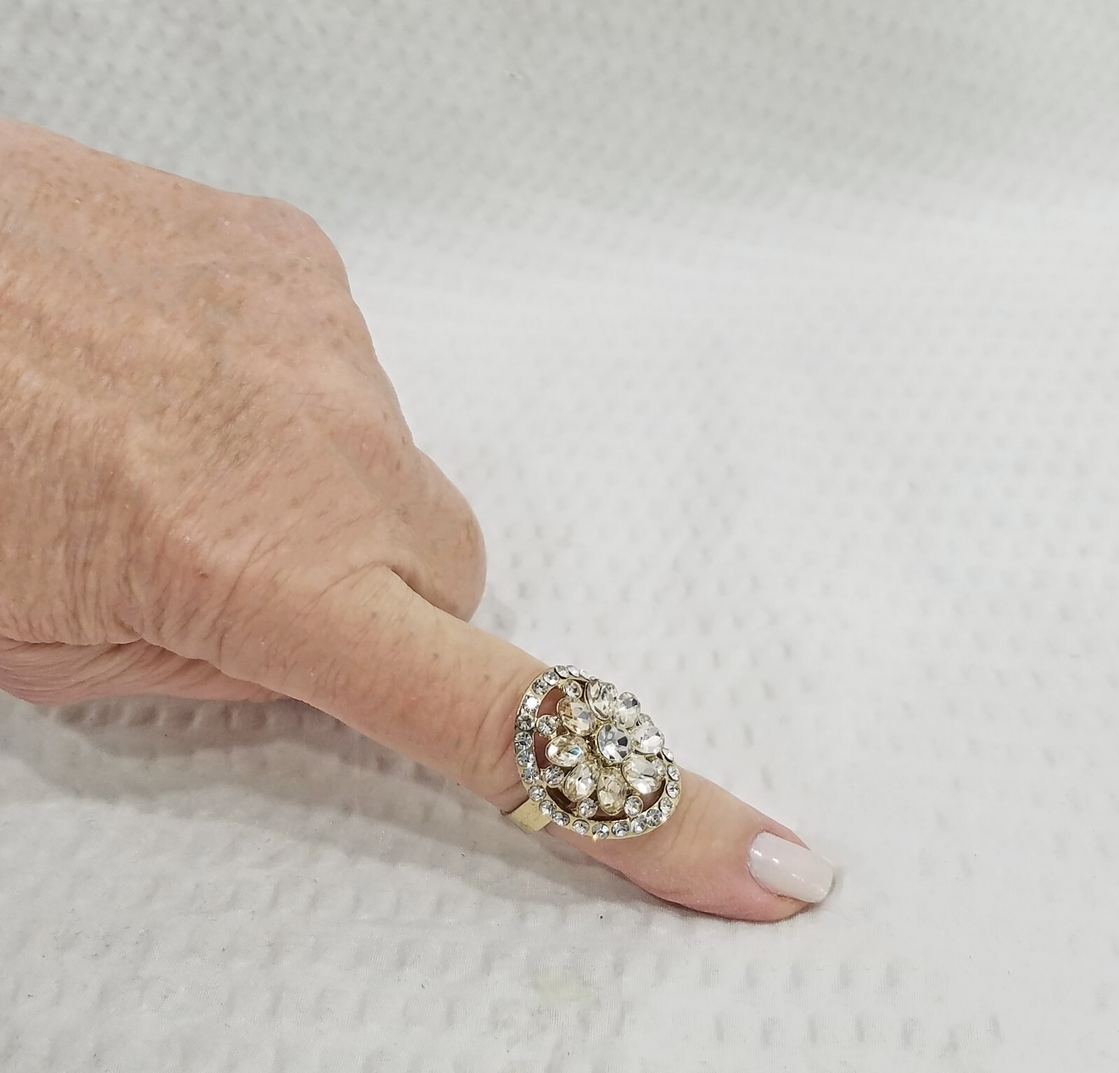 Vintage Gold Tone Clear & Champagne Crystal Domed Oval Adjustable Cocktail Ring