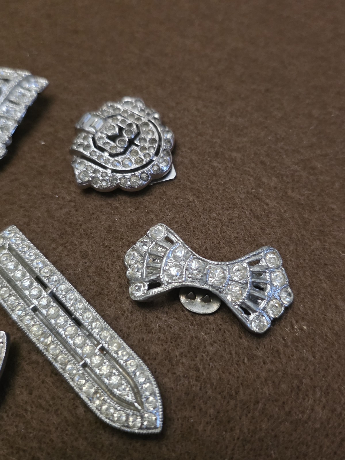 Vintage Art Deco Dress Clip Set (9) Rhinestone 30s Geometric Silver Tone