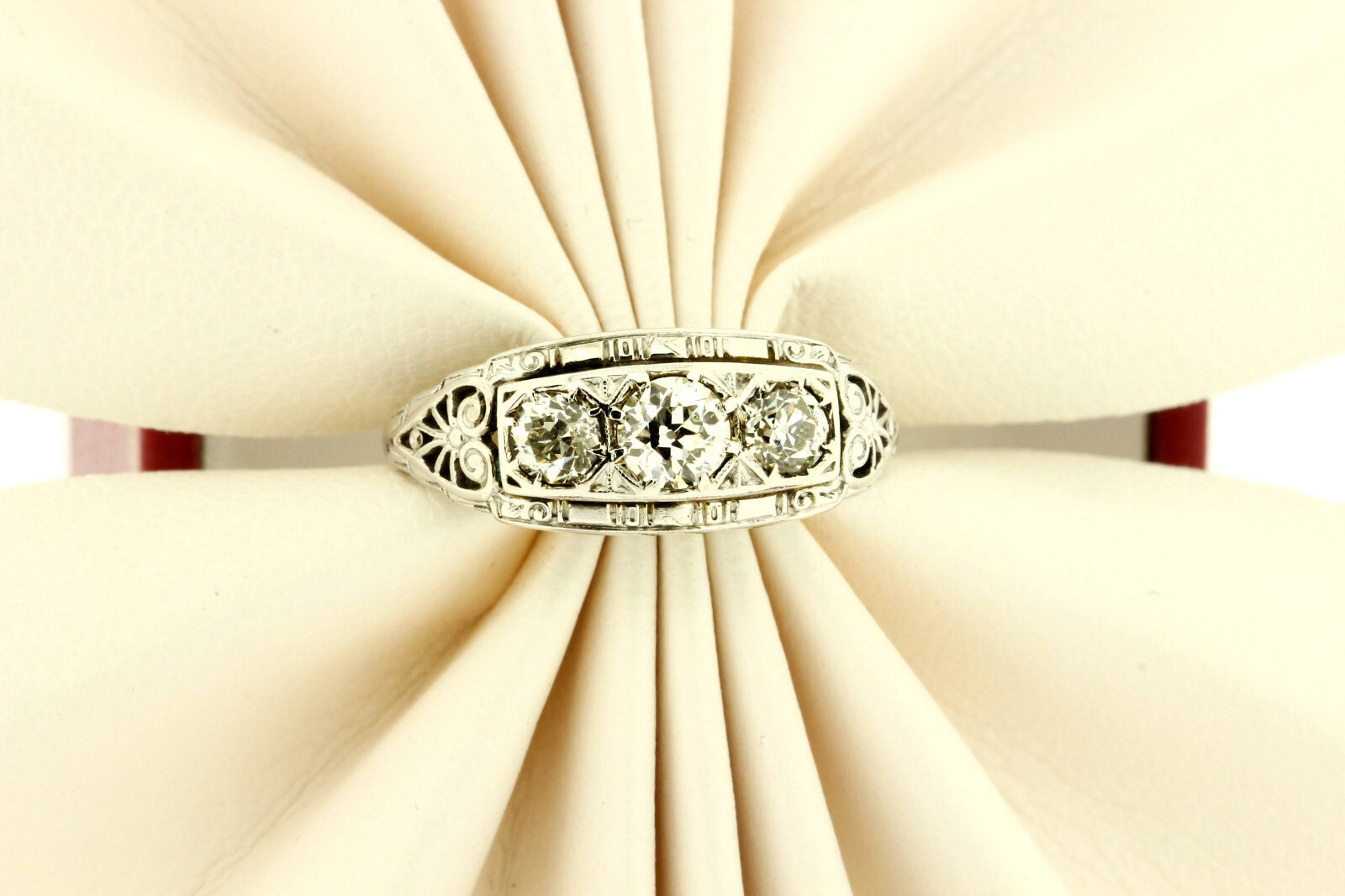 1 Ctw White Round Cut CZ & Three Stone Antique Style Art Deco Ring In 925 Silver