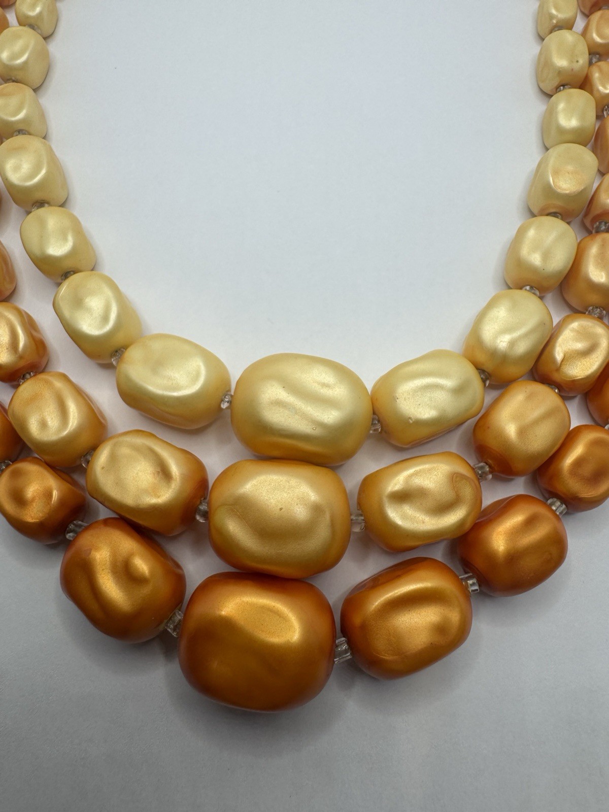 VTG 50’s Triple Strand Beaded Cream Gold Orange Faux Pearl Necklace HONG KONG
