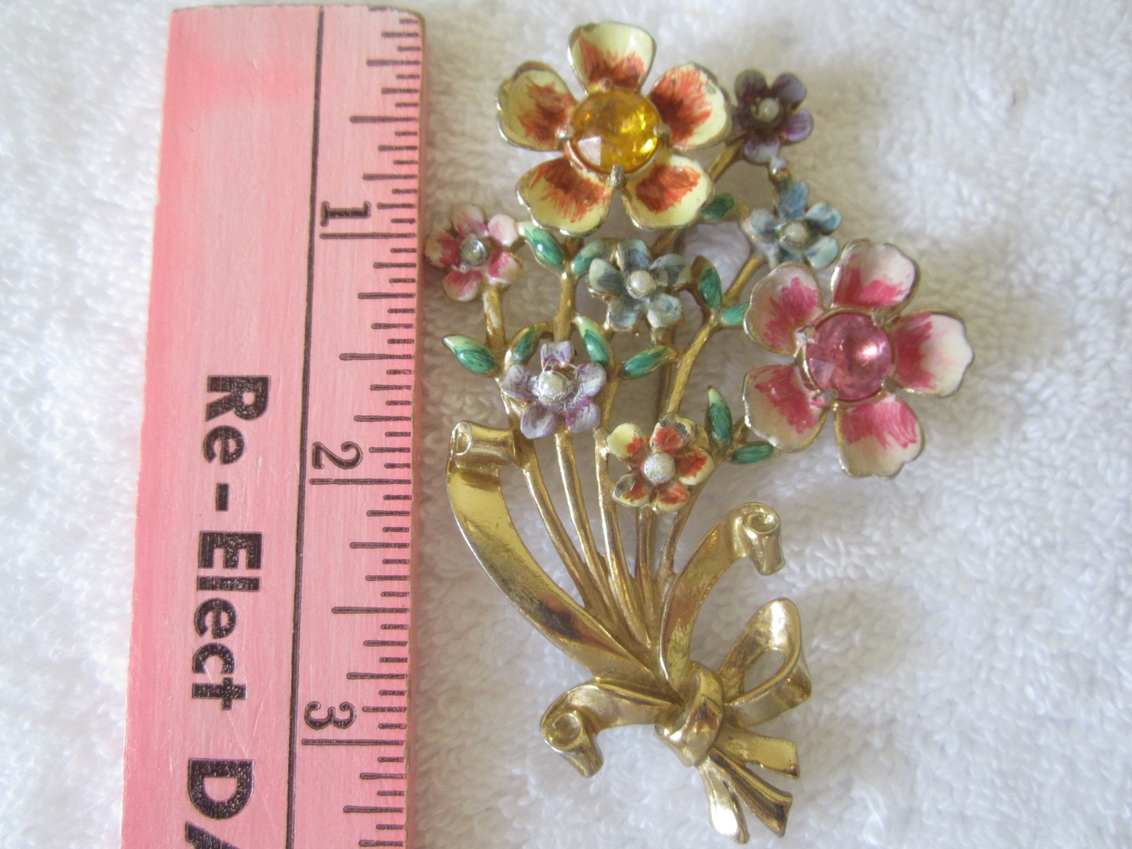 1942 Coro Brooch By A. Katz Bouquet Of Multi Color Enamel Flowers Faux Pearls