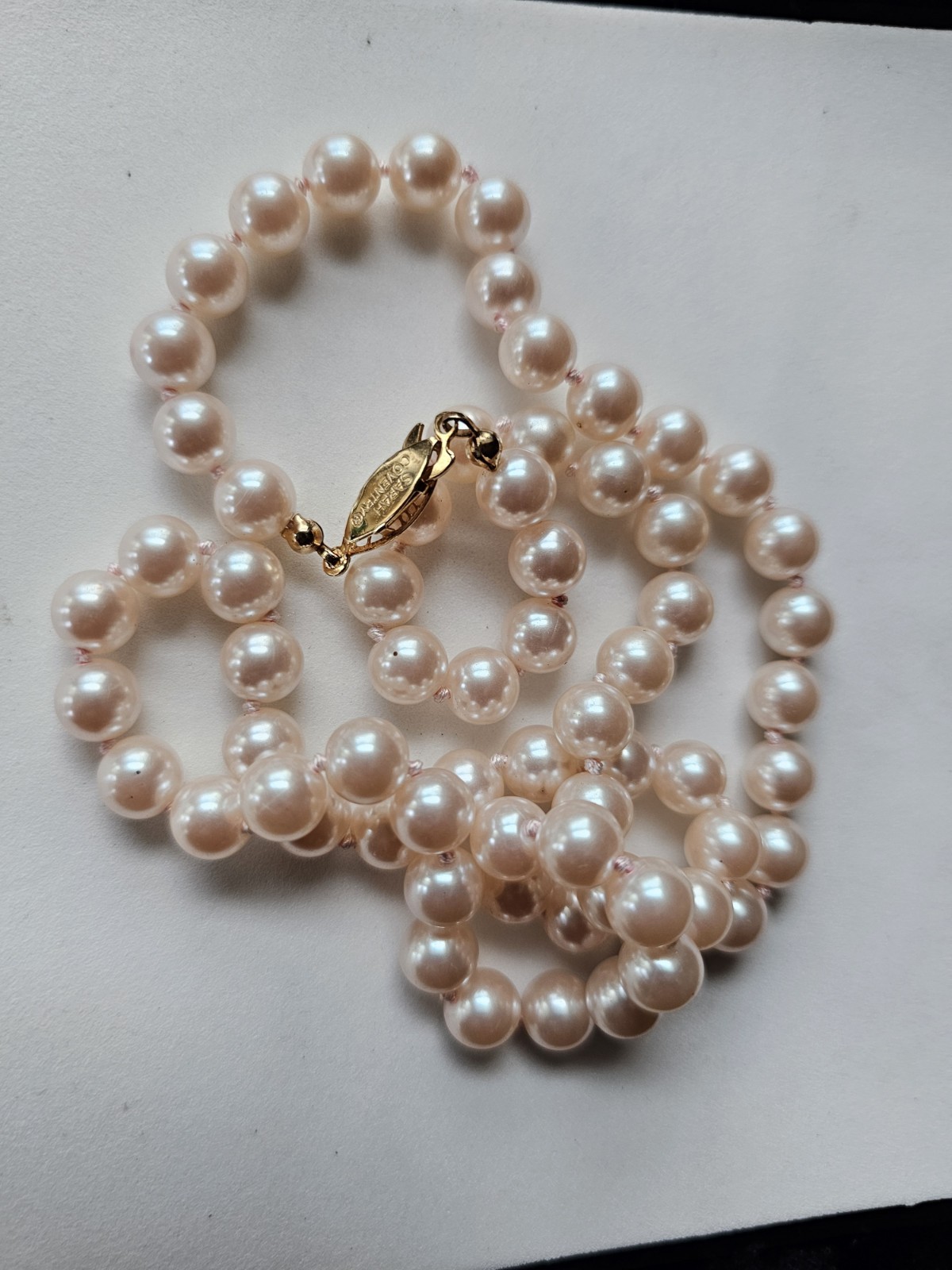 Vtg Sarah Cov Signed Knotted Faux Pearl Pink Necklace Fish Hook Clasp 8mm 22″
