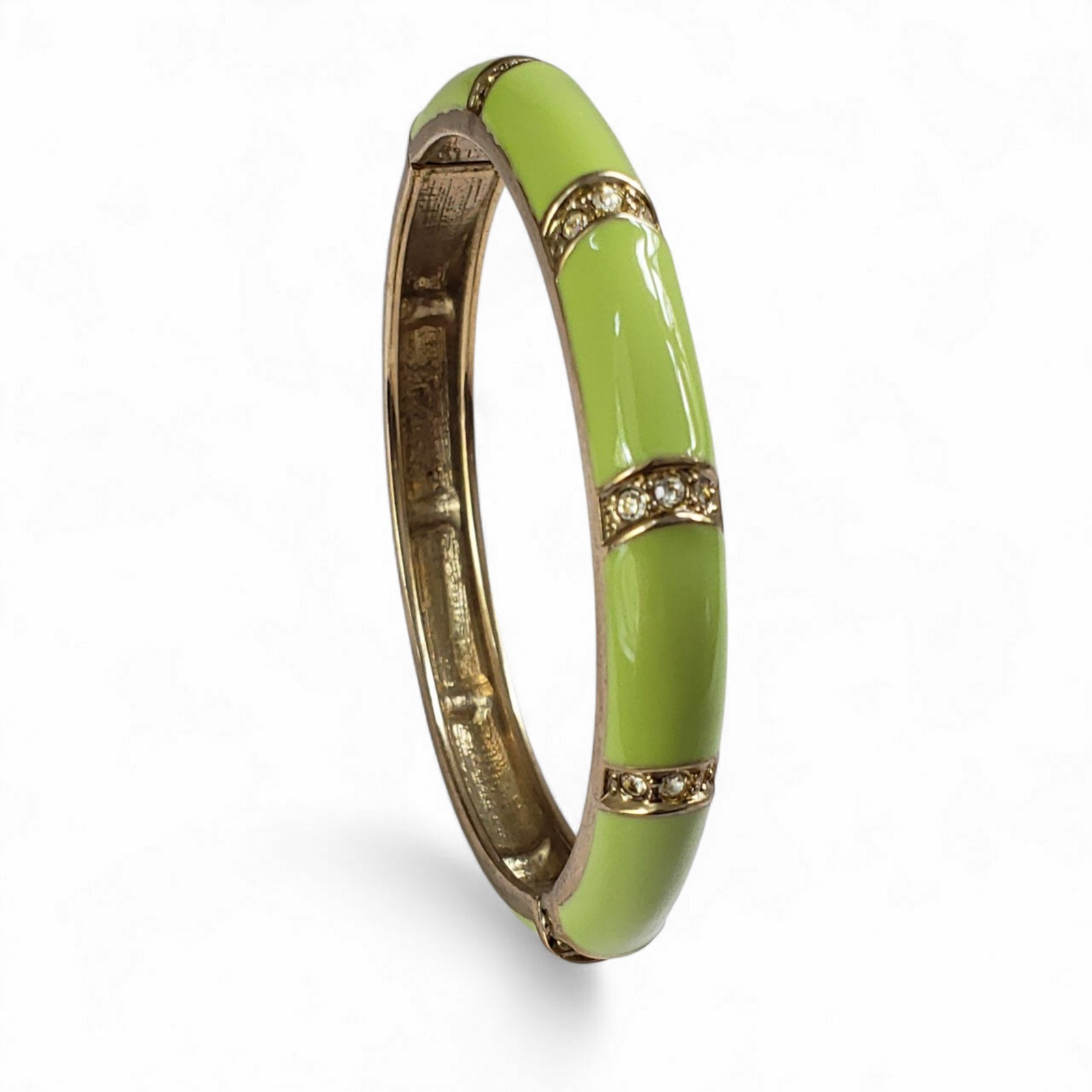 Vintage Glossy Lime Green Enamel & Clear Rhinestones Hinged Bangle Bracelet