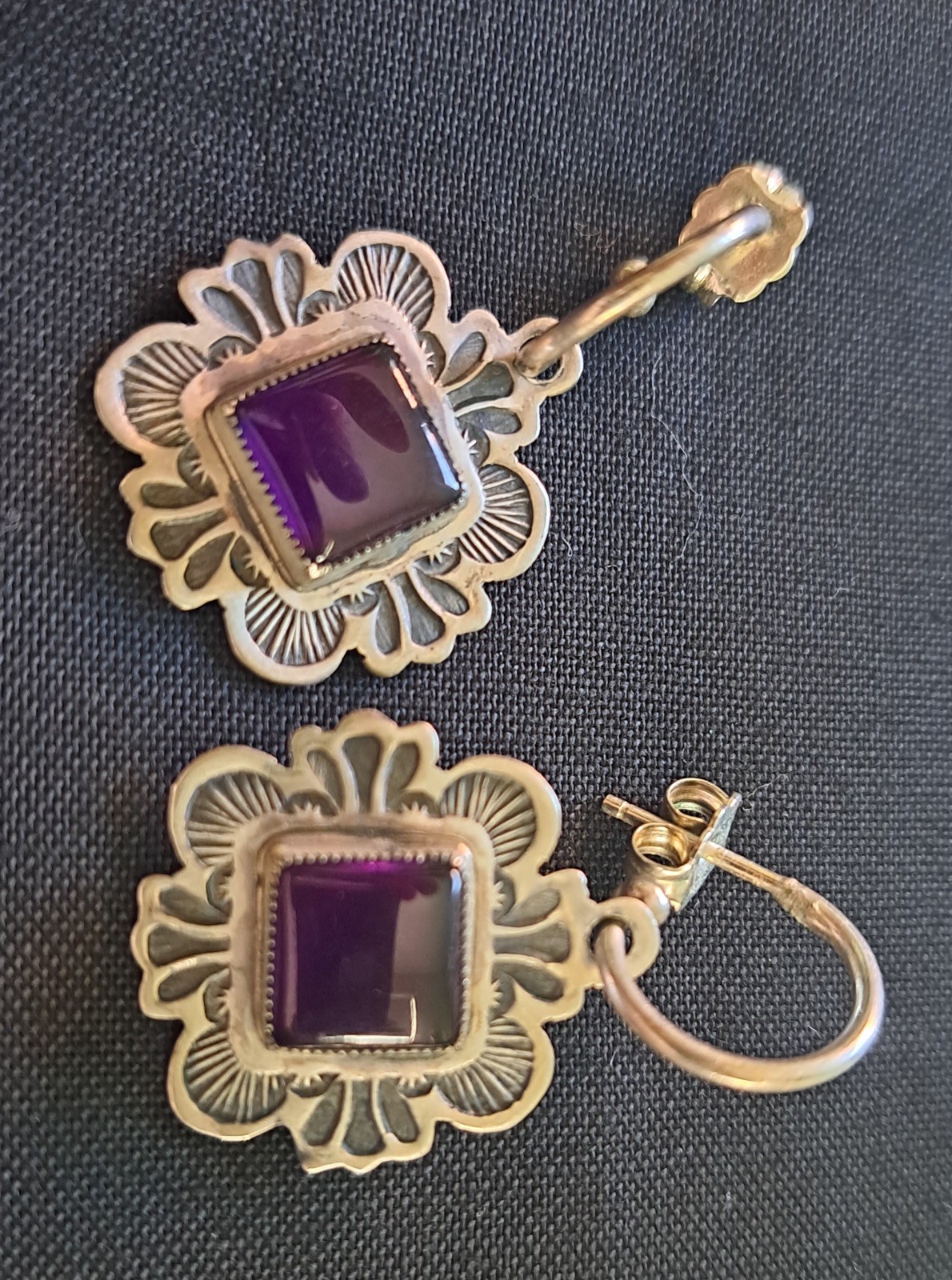 Vintage D Lucas Sterling Clover Shape Featuring Amethyst Stone Dangle Earrings