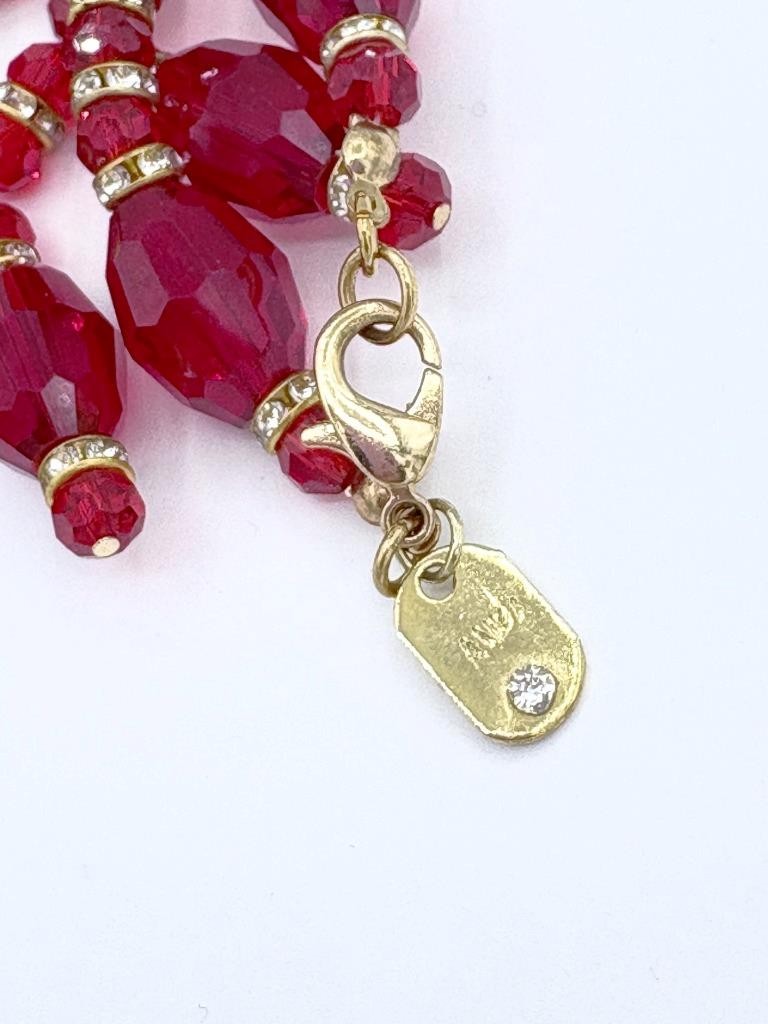 2 Pc Matching Set Signed Anka Ruby-Red Beaded Rhinestone Necklace & Earrings